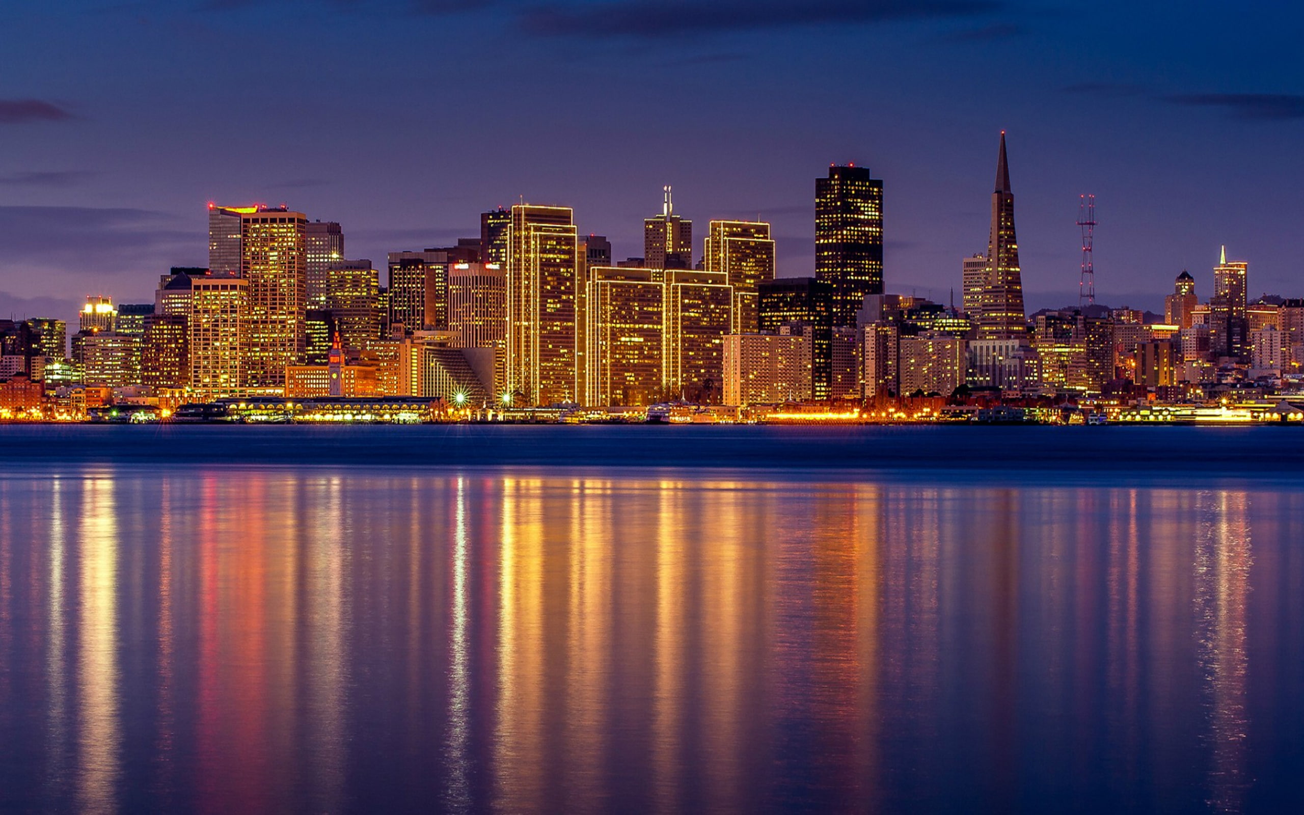 buildings, city, sky, lilac, reflection, gulf, homes, lighting, francisco, skyscrapers, california, night, lights, san, 2K, usa, HD Wallpaper