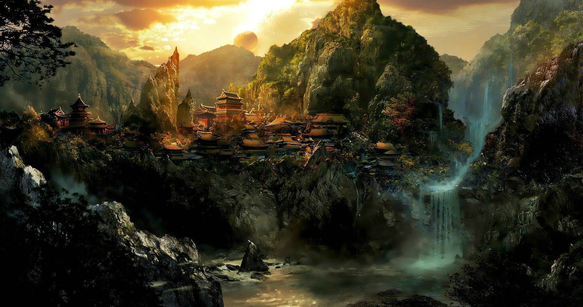 sky, Heroic Fantasy, 1080P, mountain, city, HD Wallpaper