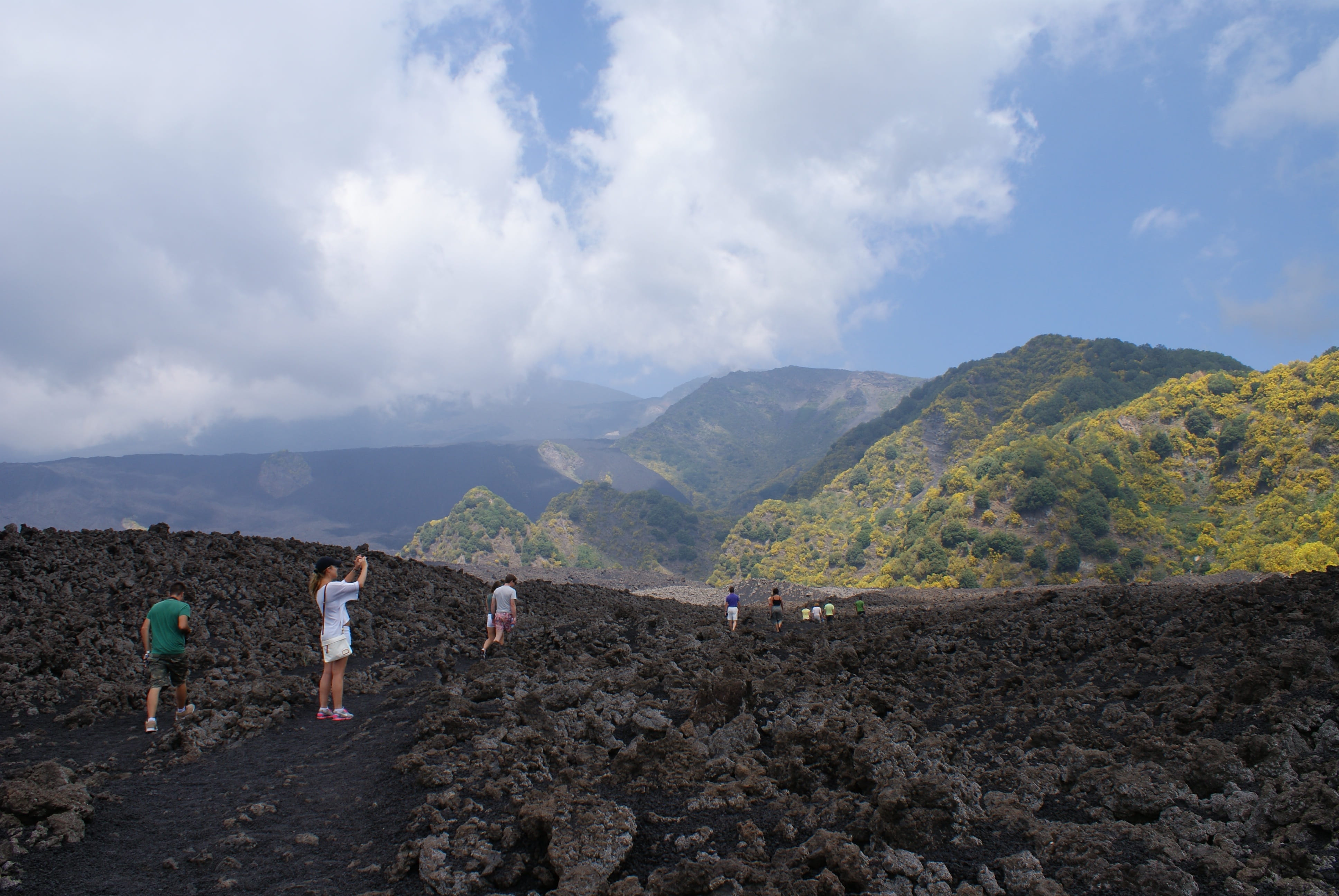 hill, idyllic, beautiful, volcanic landscape, people, volcanic, summer, scenic, men, day, leisure activity, sky, lava, nature, outdoors, panorama, clouds, HD Wallpaper