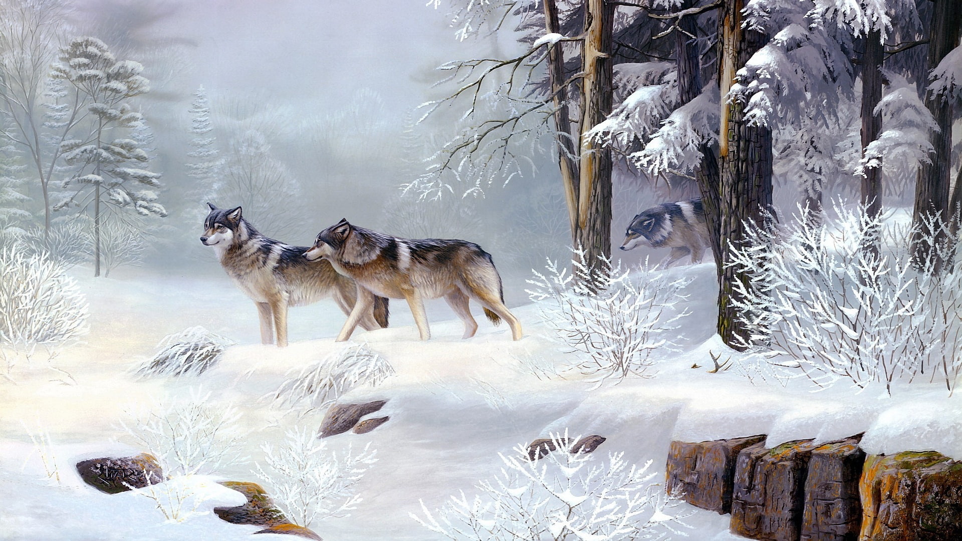 drawing, snow, winter, 1080P, digital/artwork, wolf, hd, HD Wallpaper