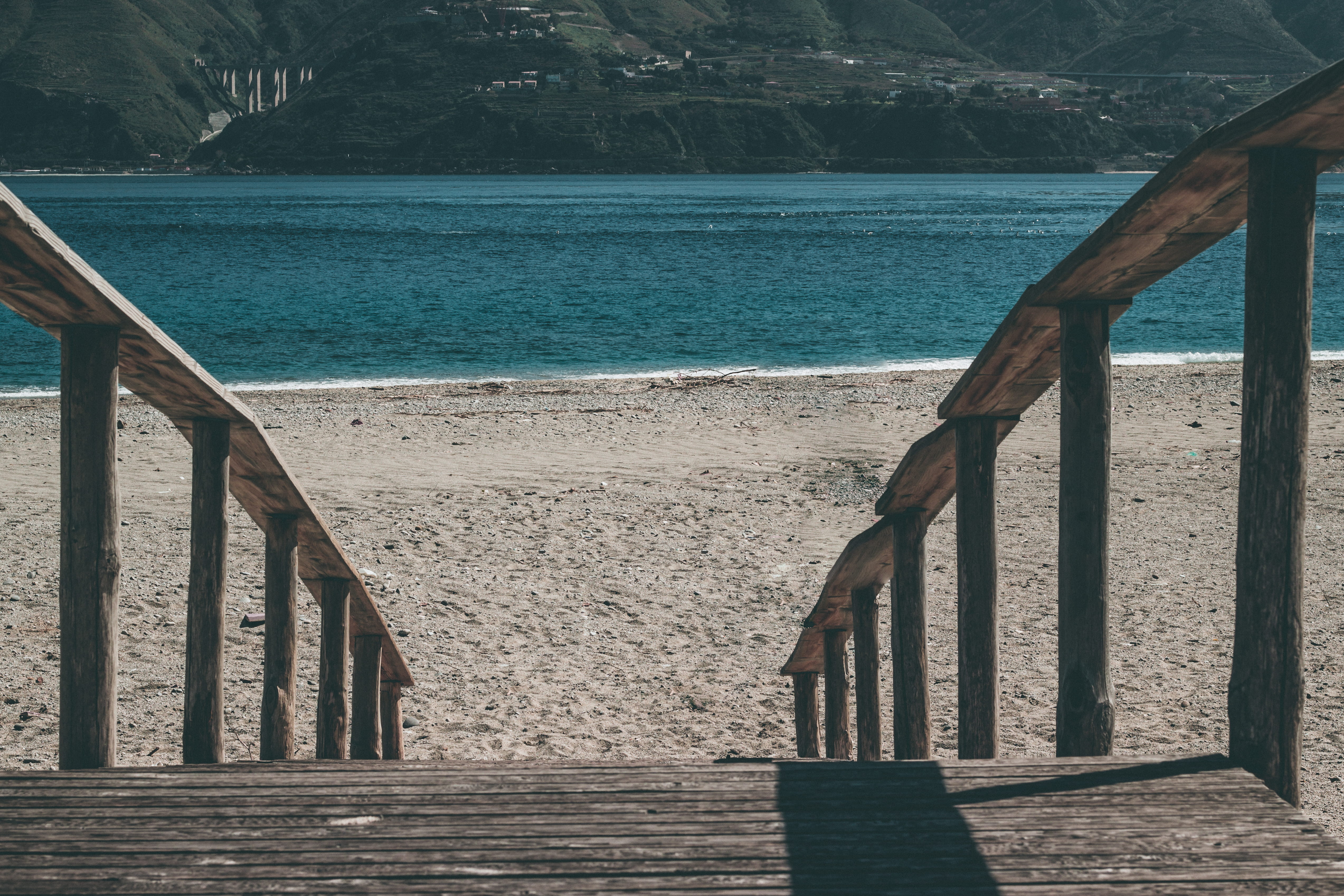 beach, day, wood - material, beauty in nature, wood, railing, land, no people, tranquil scene, capo peloro messina, shadow, sea, architecture, sunlight, HD Wallpaper