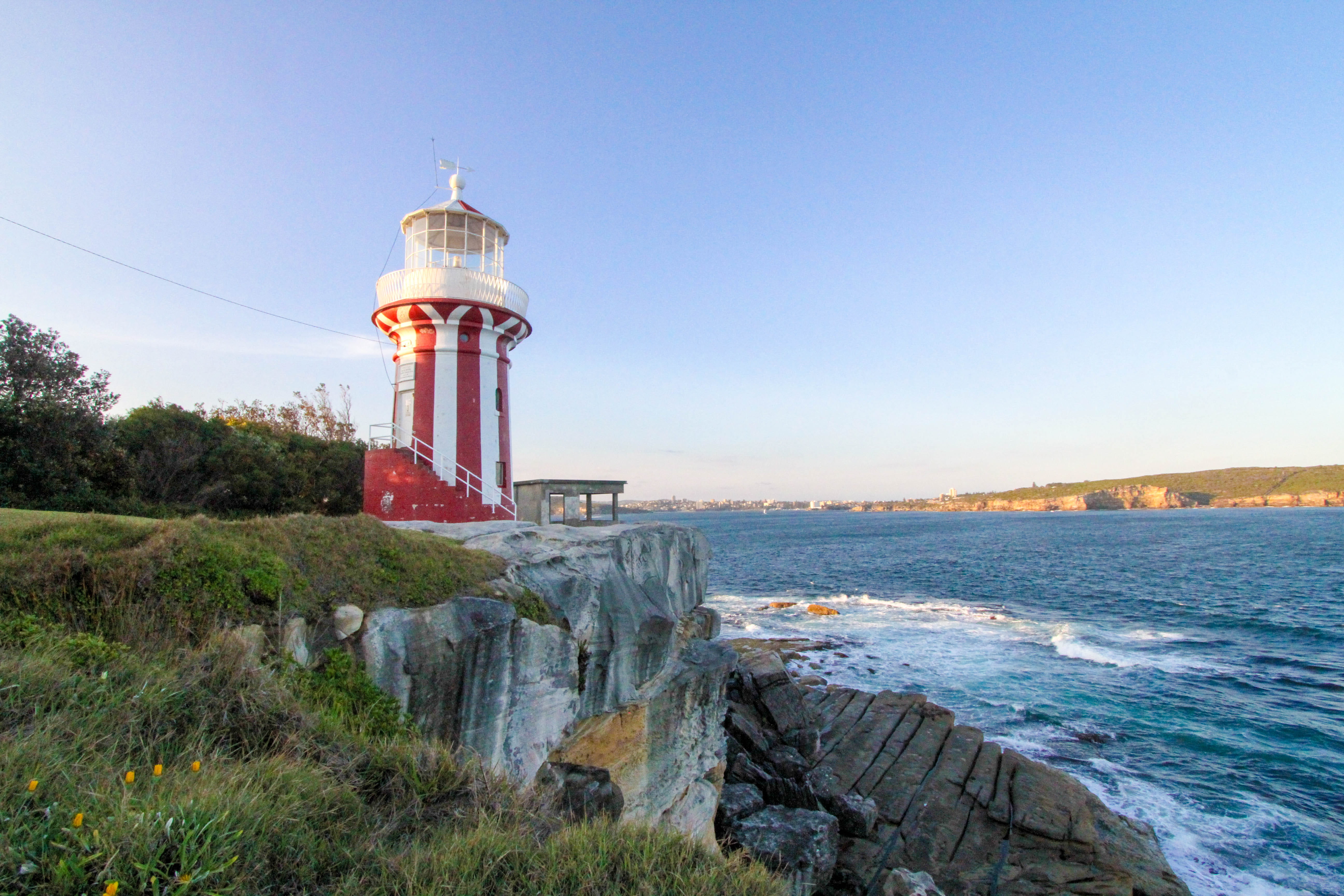 sunset, coastal view, cliff, clear sky, built structure, edge, day, rocks, architecture, peaceful, blue, water, sea, australia, sky, 5K, tower, beach, HD Wallpaper