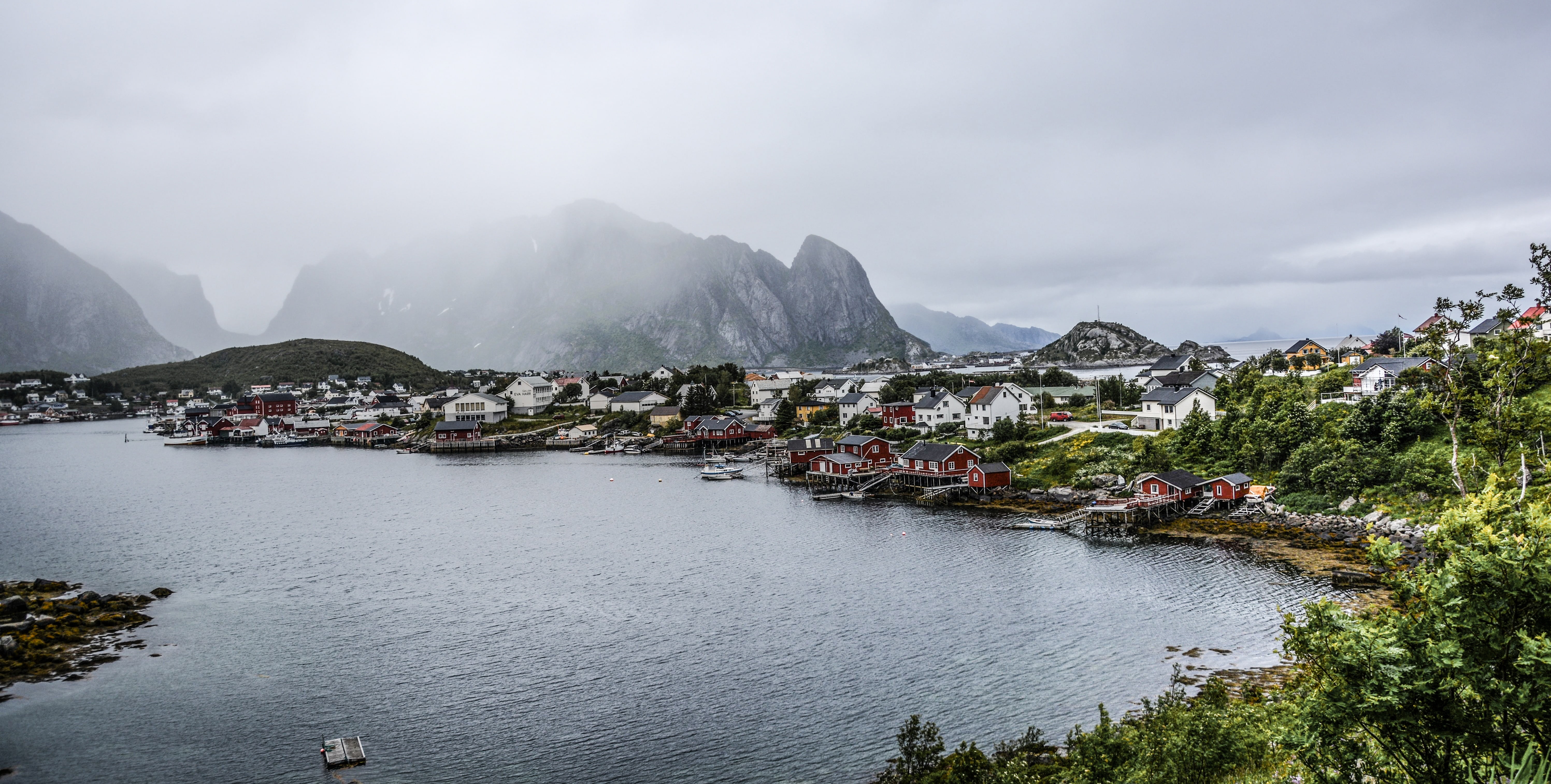 lake, city, fog, harbor, bay, land, clouds, fjord, coastline, community, 5K, norway, landscape, coastal, houses, cloudy, boat, daylight, harbour, island, HD Wallpaper