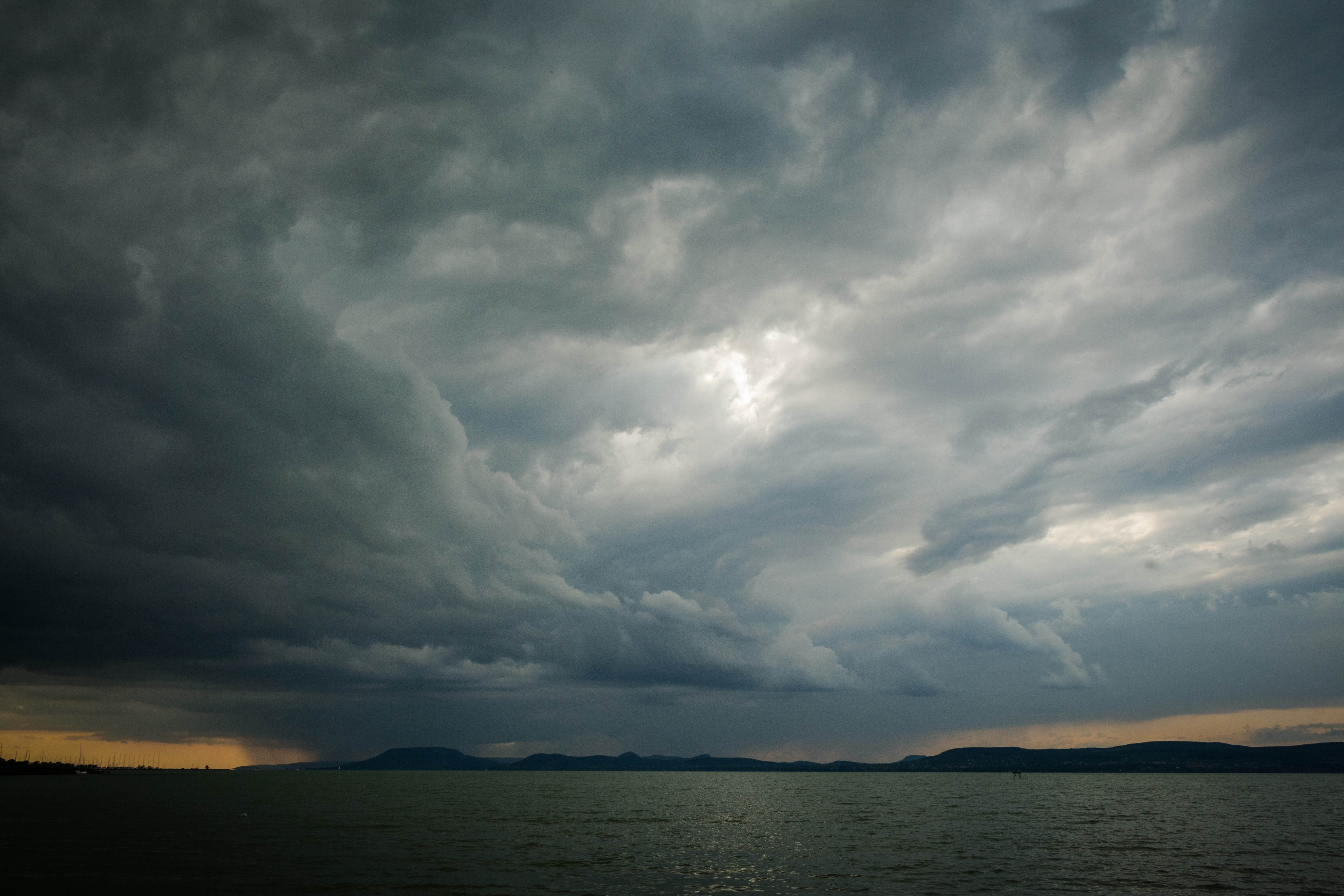 landscape, skies, blue, overcast, cloudy, clouds, nature, ominous, grim, storm, the gathering storm, mood, white, lake balaton, storm cloud, summer, beauty in nature, HD Wallpaper