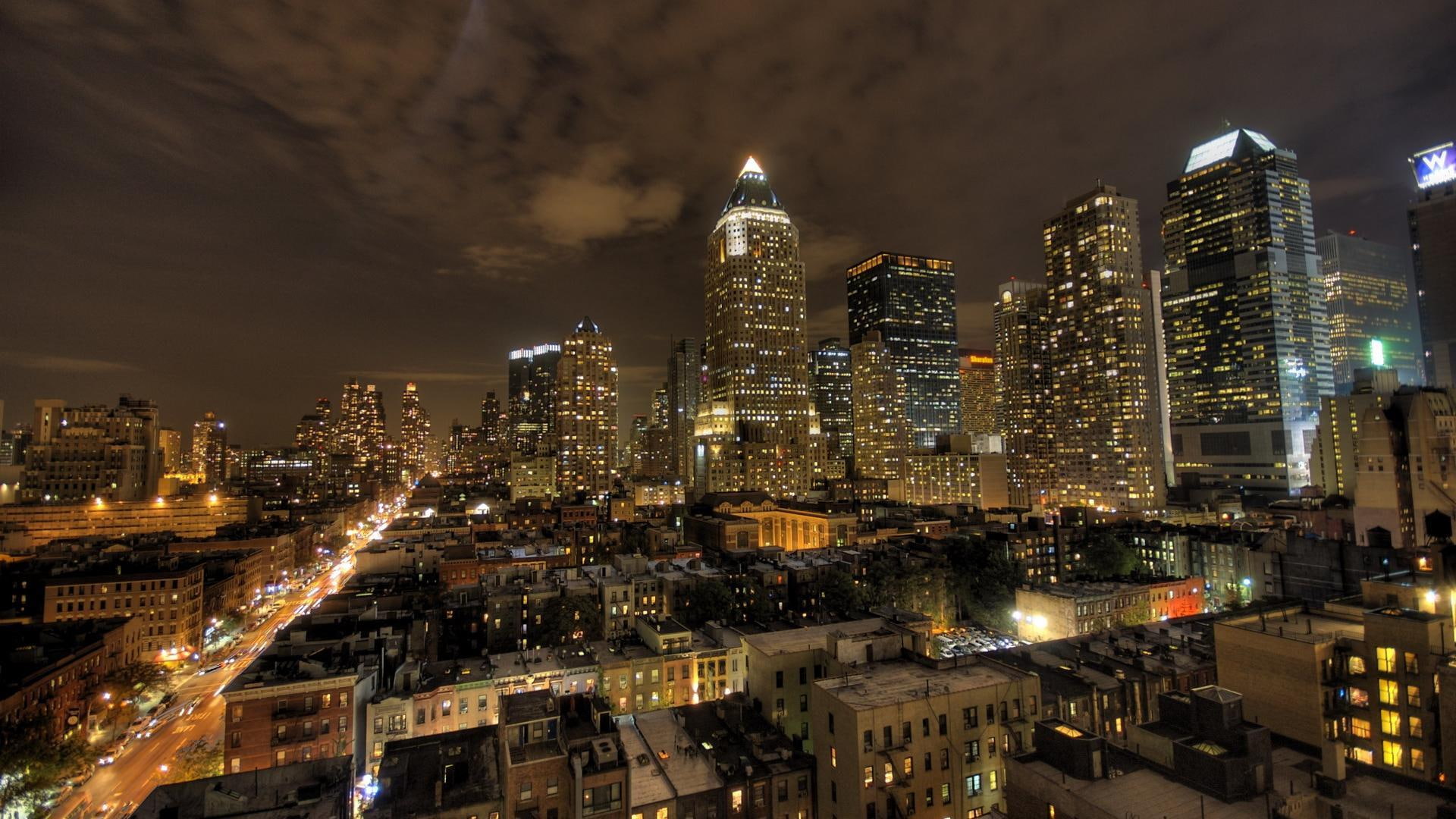 nyc, night, city, 1080P, clouds, streets, nature and landscapes, skies, cloudy, lights, HD Wallpaper