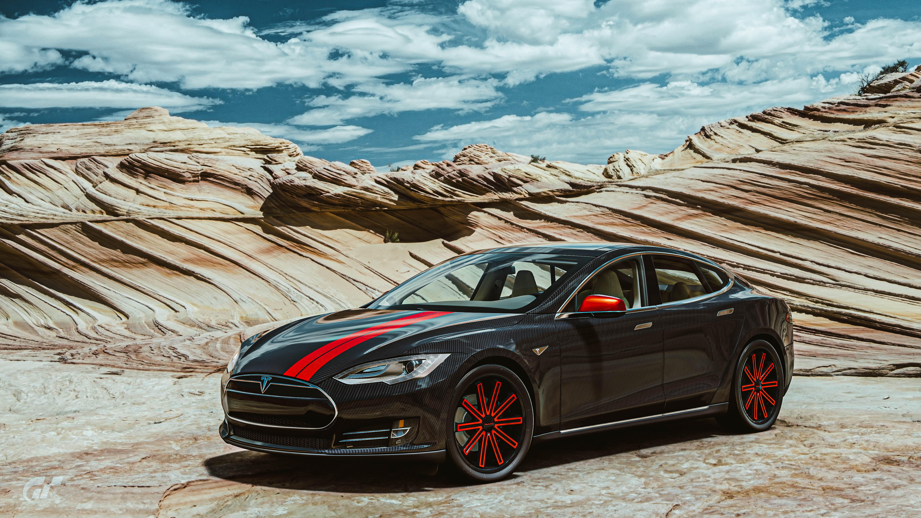 PlayStation 4, Gran Turismo, 4K, Tesla, Tesla Model S, carbon fiber, Gran Turismo Sport, sand, car, desert, HD Wallpaper