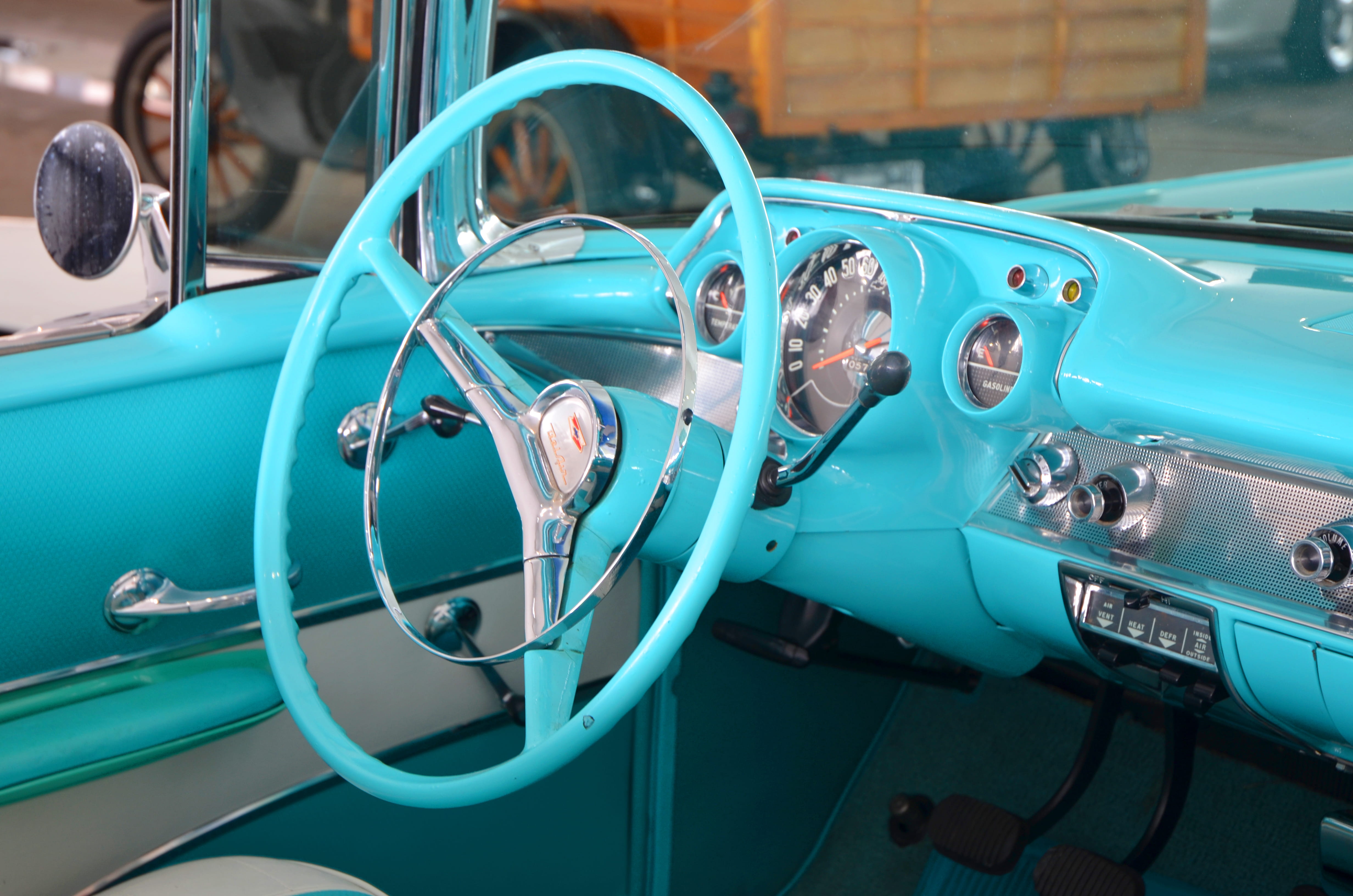 car, transportation, vehicle part, blue, vintage car, glass - material, cadillac, united states, american car, day, retro styled, old car, 50s car, 50s, HD Wallpaper