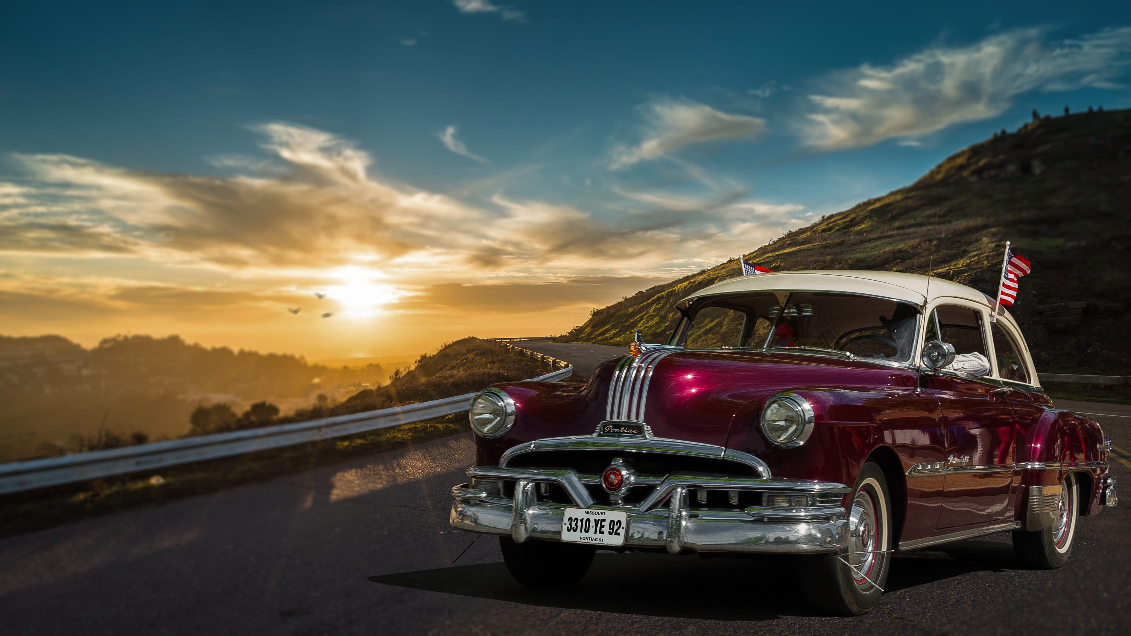 car, parked, speed, chevrolet, road, multiple lane highway, outdoors, 2K, land vehicle, american car, white, vintage car, nature, motor vehicle, cloud - sky, HD Wallpaper