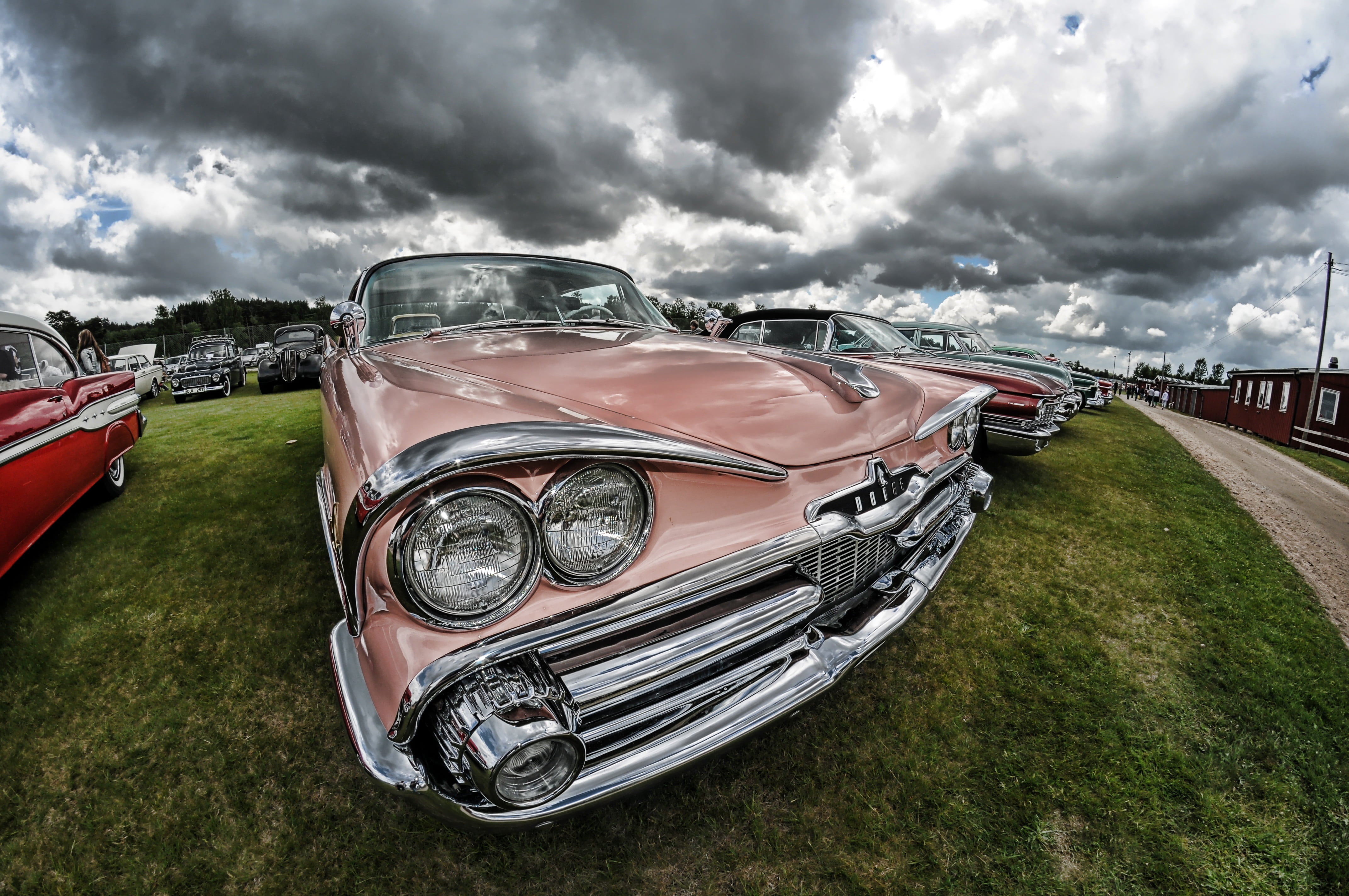 cloud - sky, mode of transportation, chrome, land vehicle, day, field, environment, americans, storm cloud, 4K, headlight, outdoors, yanks, metal, transportation, HD Wallpaper