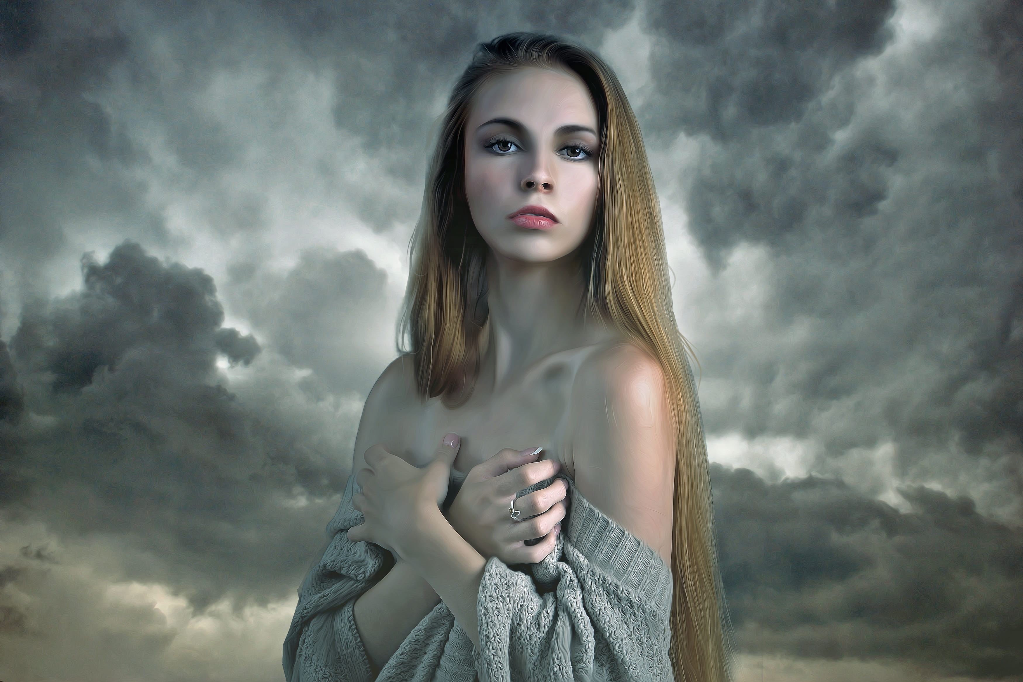 adult, goth, beauty, dramatic sky, woman, hairstyle, mysterious, clouds, contemplation, dramatic, fantasy, dark, women, hair, storm, cloudscape, girl, model, HD Wallpaper