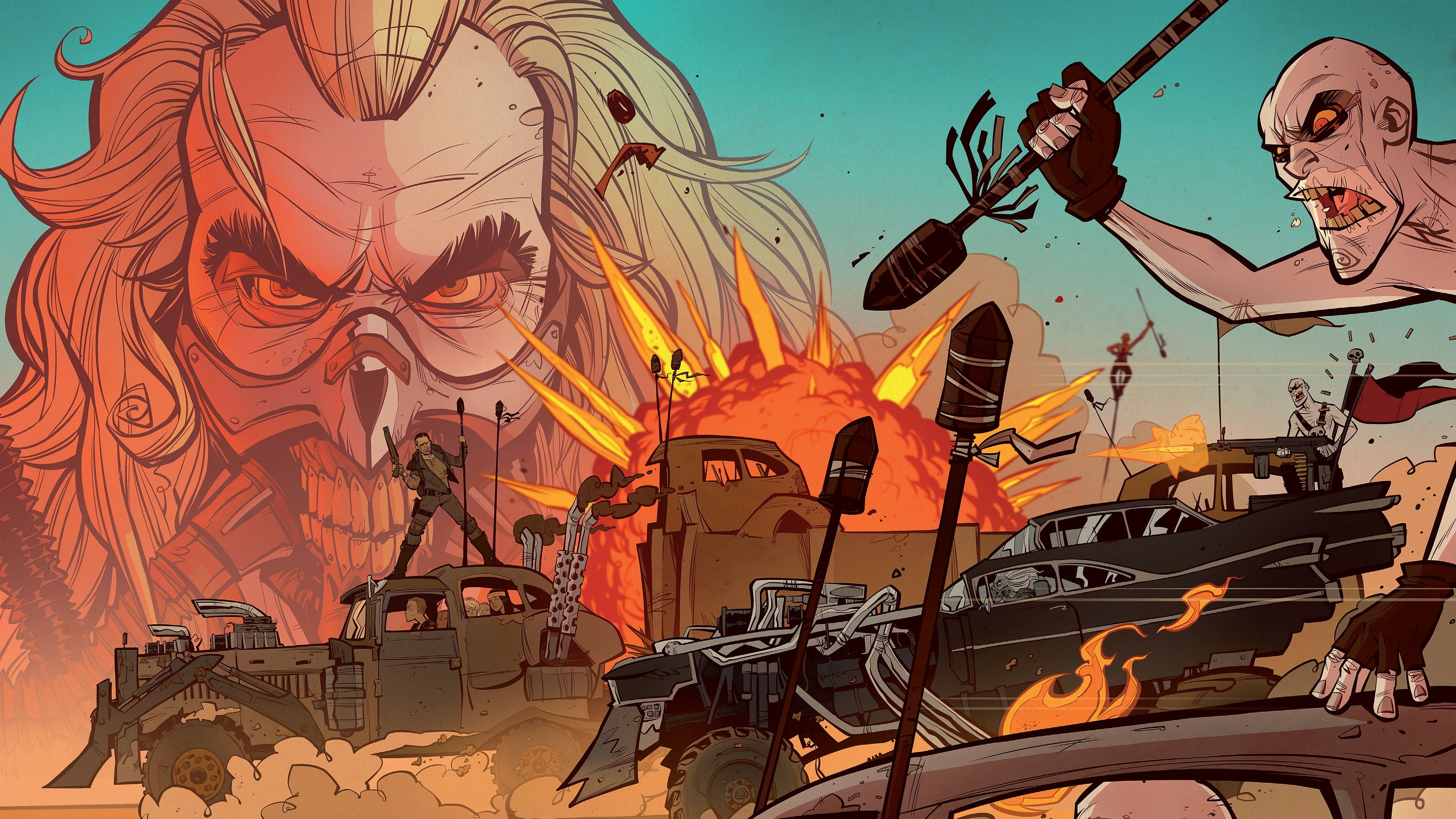 built structure, sky, weapons, outdoors, art and craft, Max Rockatansky, arts culture and entertainment, 4K, no people, Man: The Immortan Joe, multi colored, HD Wallpaper
