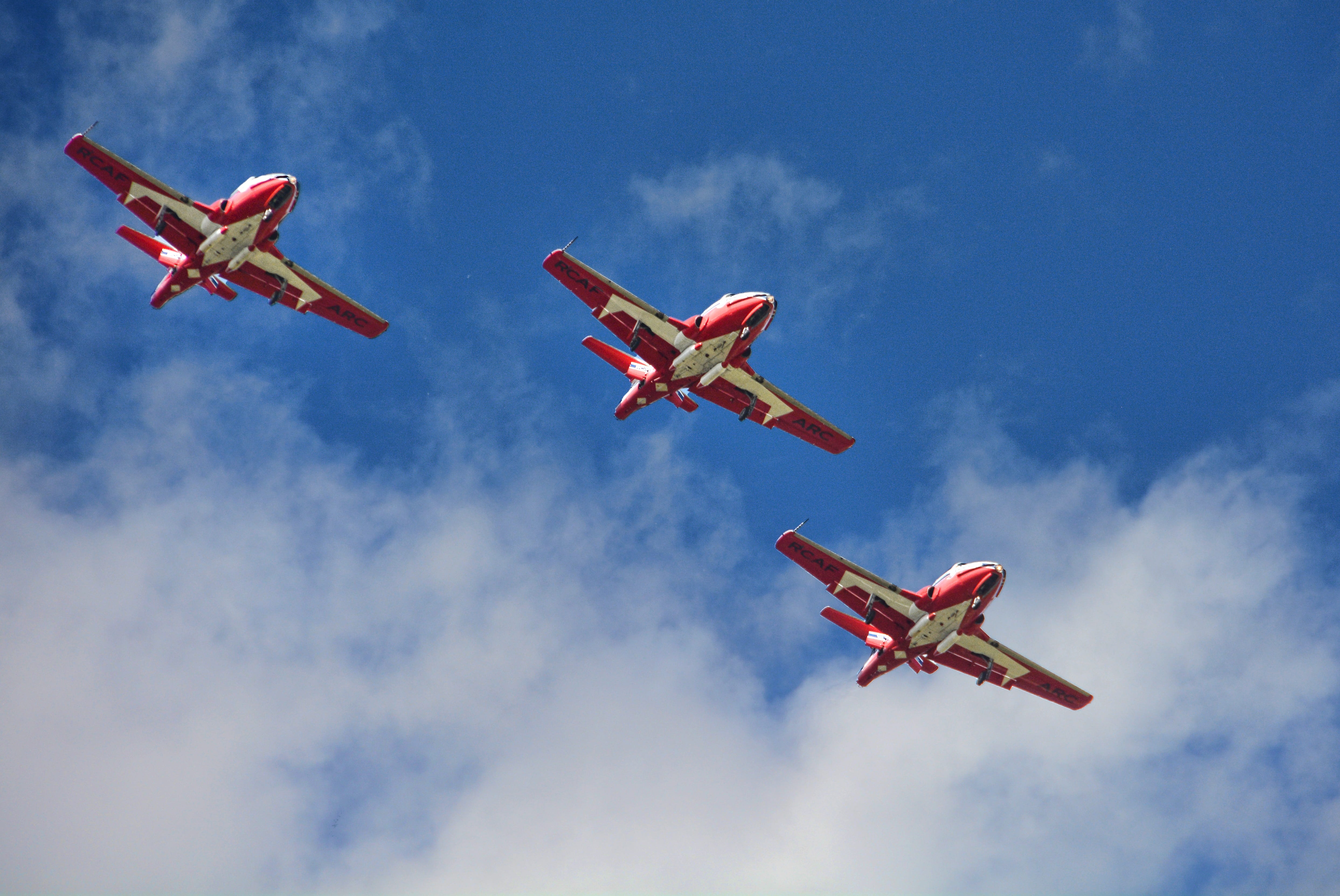 air vehicle, royal canadian air force, no people, motion, mode of transportation, day, cloud - sky, rcaf, aerobatics, sports activity, formation, togetherness, HD Wallpaper