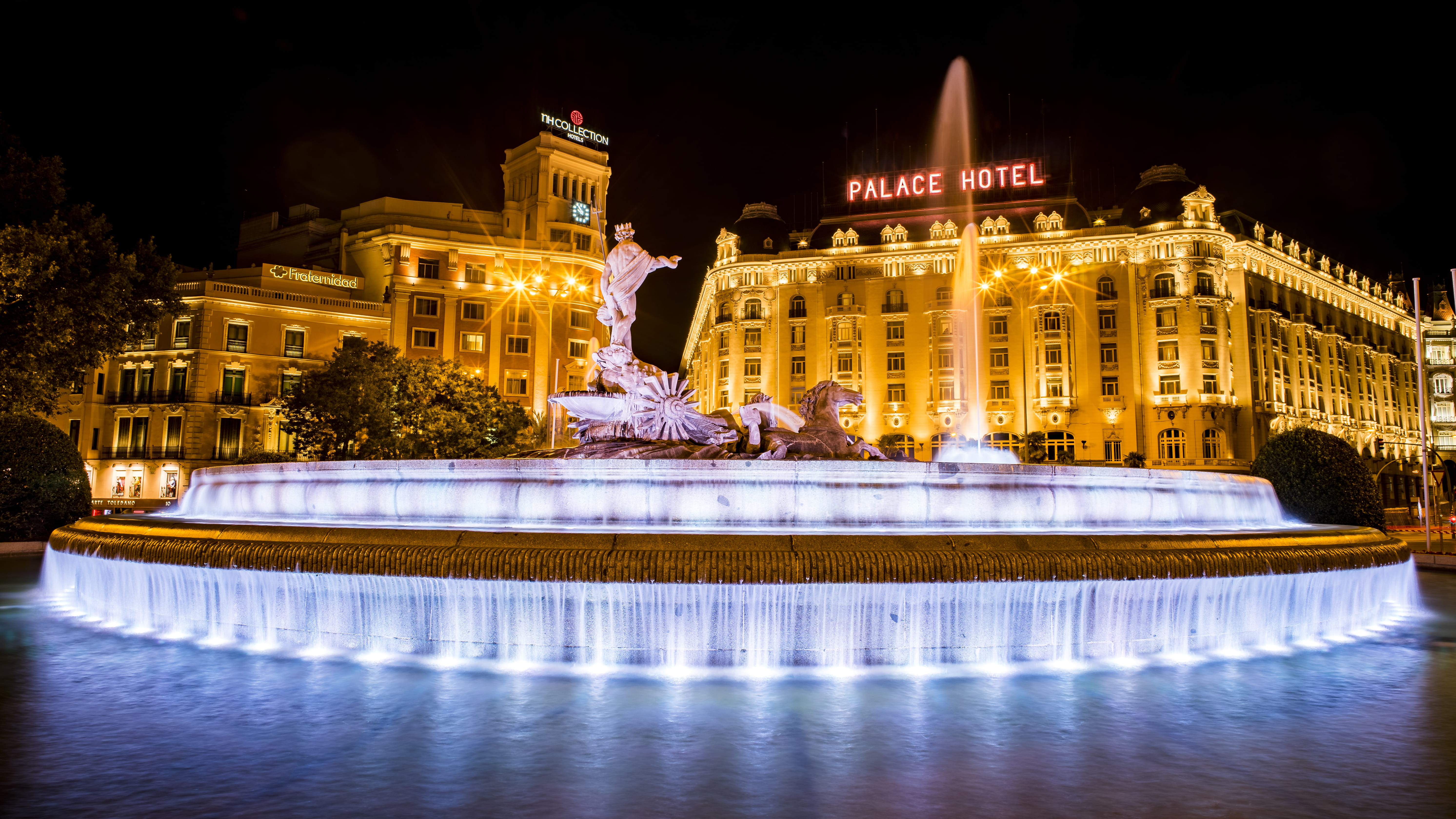 no people, neptune fountain, reflection, travel destinations, illuminated, building, sculpture, madrid, statue, building exterior, nature, built structure, HD Wallpaper