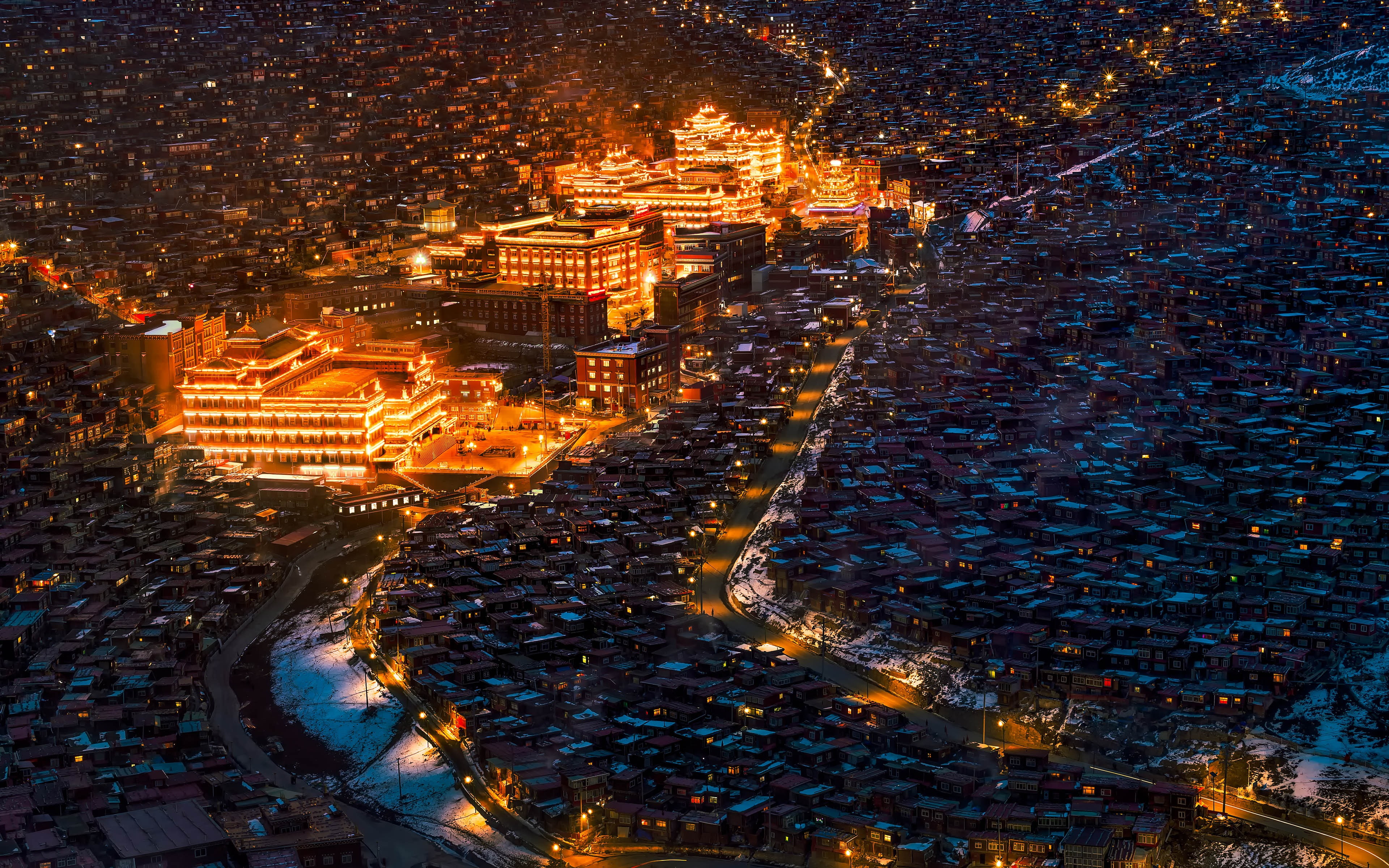 snowing, building exterior, night, cityscape, college, architecture, city life, wuming, office building exterior, road, ganzi, buddhist, nature, larong, HD Wallpaper