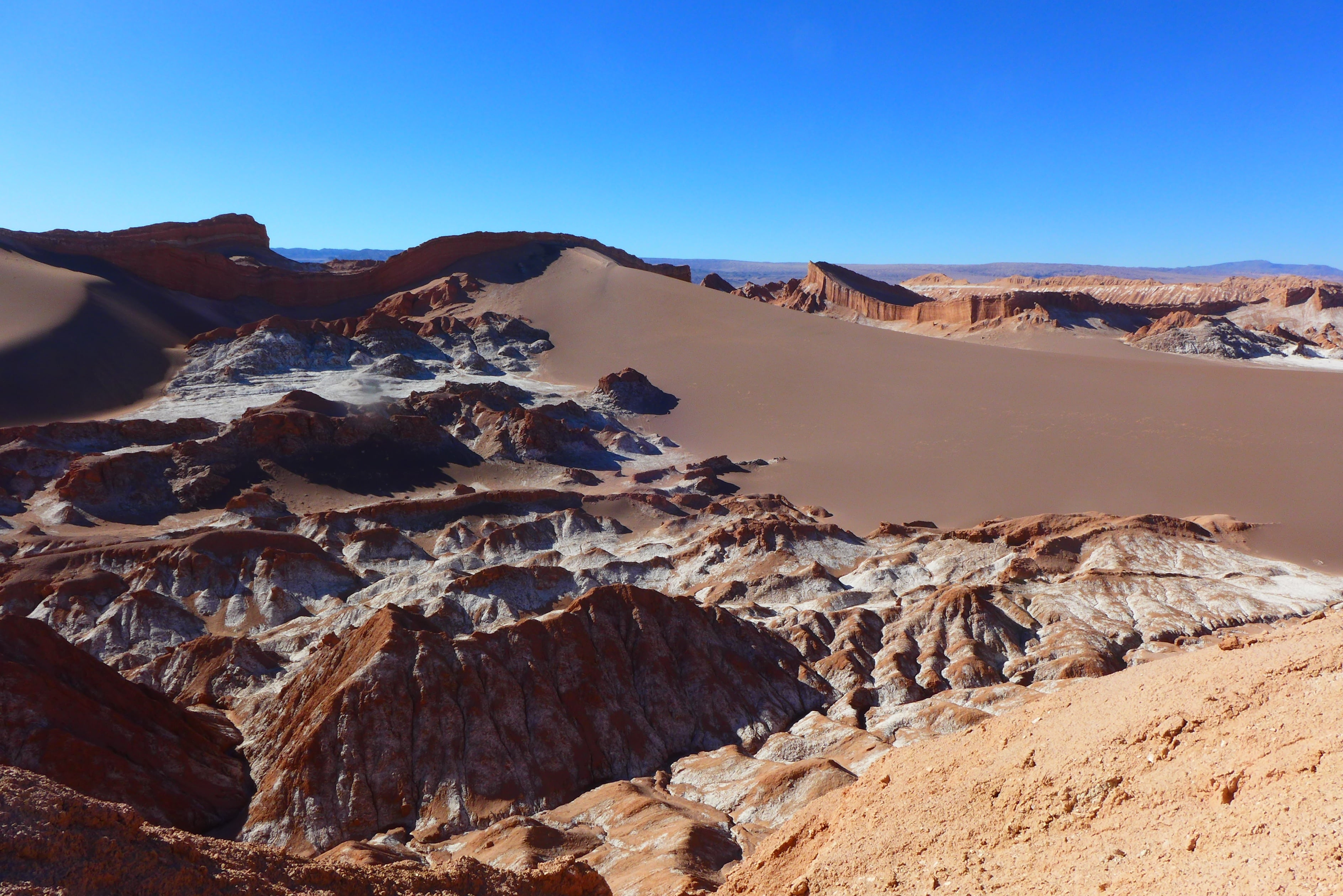 day, landscape, tranquility, tranquil scene, sand, chile, clear sky, sky, mountain, mountain range, rock - object, volcano, outdoors, 2K, nature, travel, HD Wallpaper