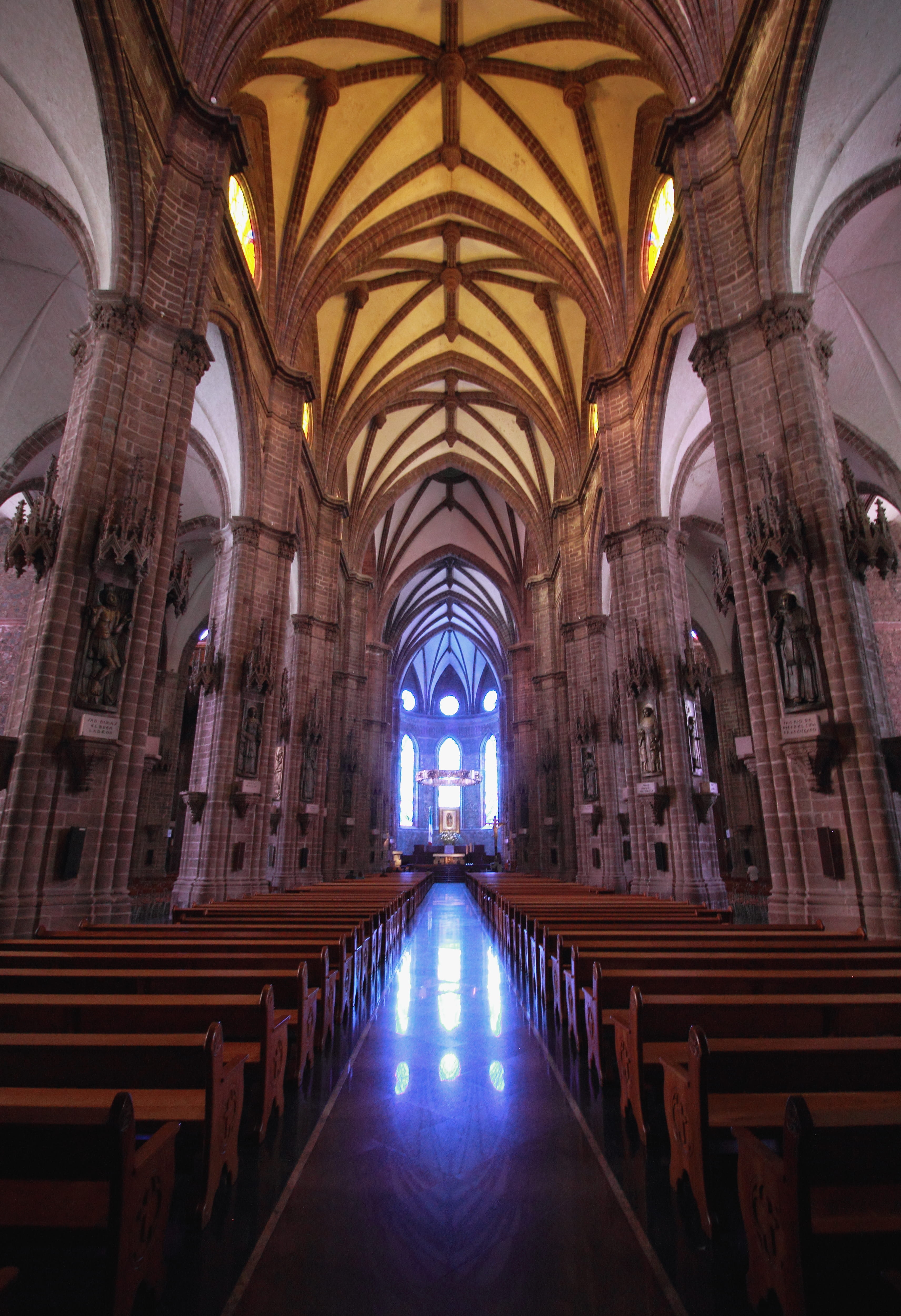 indoors, place of worship, the way forward, bench, vitral, built structure, spirituality, belief, in a row, aisle, temple, building, 4K, pew, no people, Phone HD Wallpaper