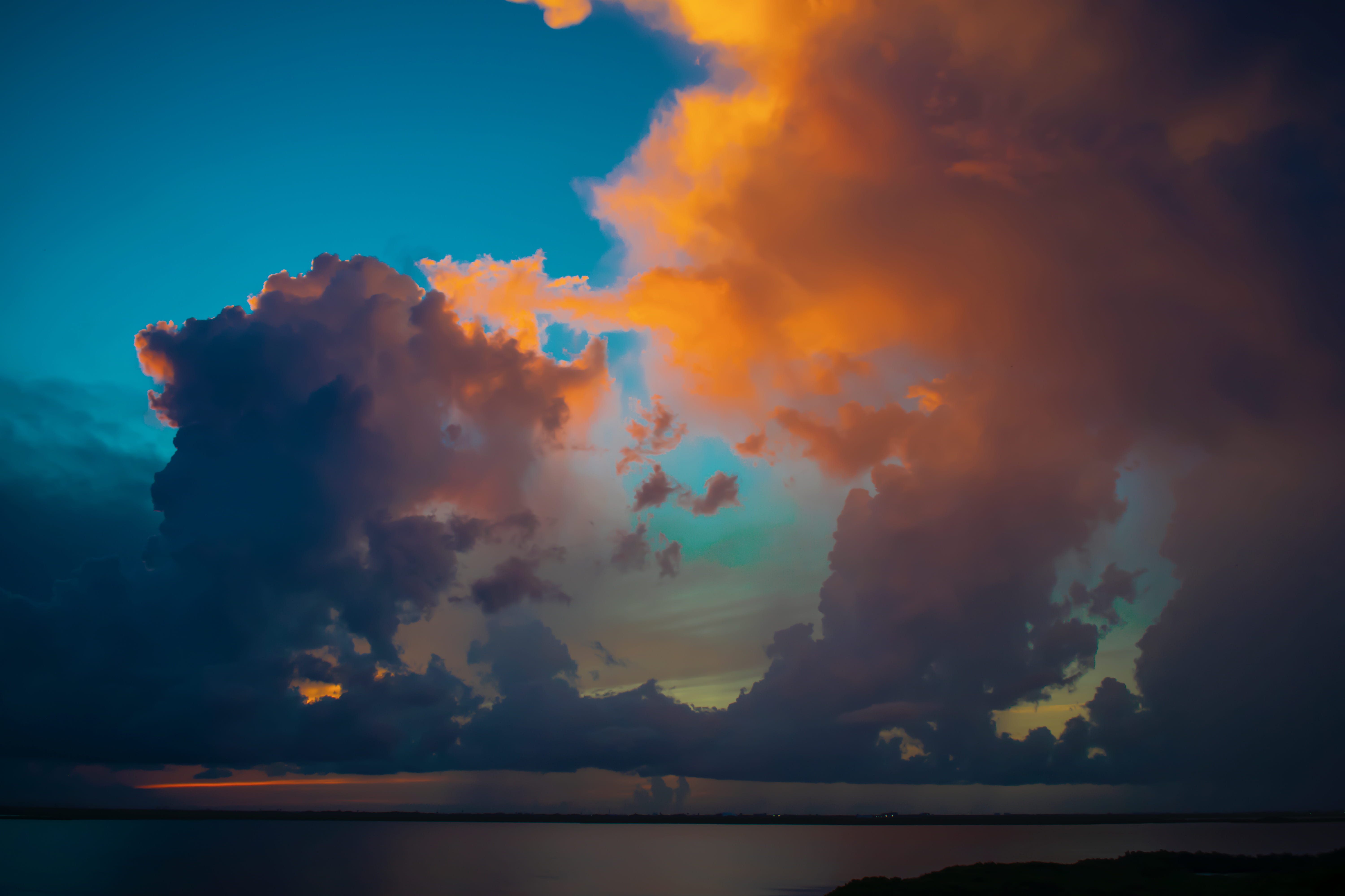 5K, body, outdoors, beauty in nature, sea, water, azure sky, scenics - nature, golden, lake, no people, cloud, cumulus, flame, dawn, sky, tranquil scene, HD Wallpaper