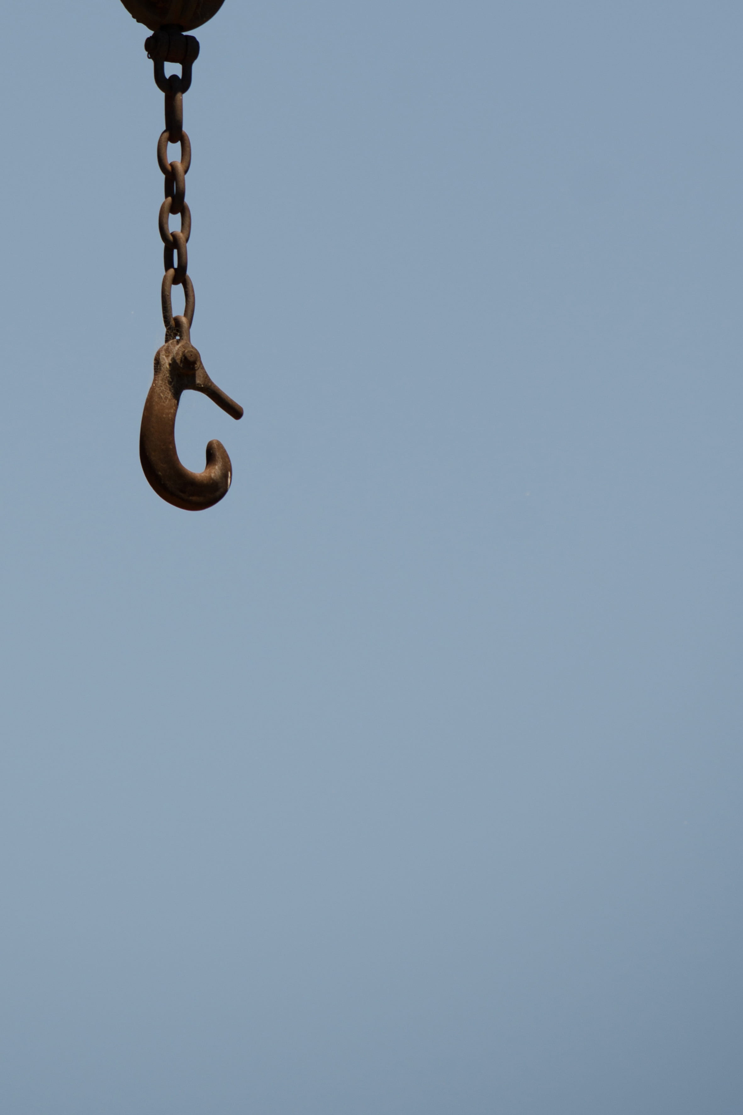 minimalism, metal, day, animal themes, clear sky, no people, hanging, outdoors, sunlight, mid-air, nature, hook, blue, crane, directly below, low angle view, Phone HD Wallpaper