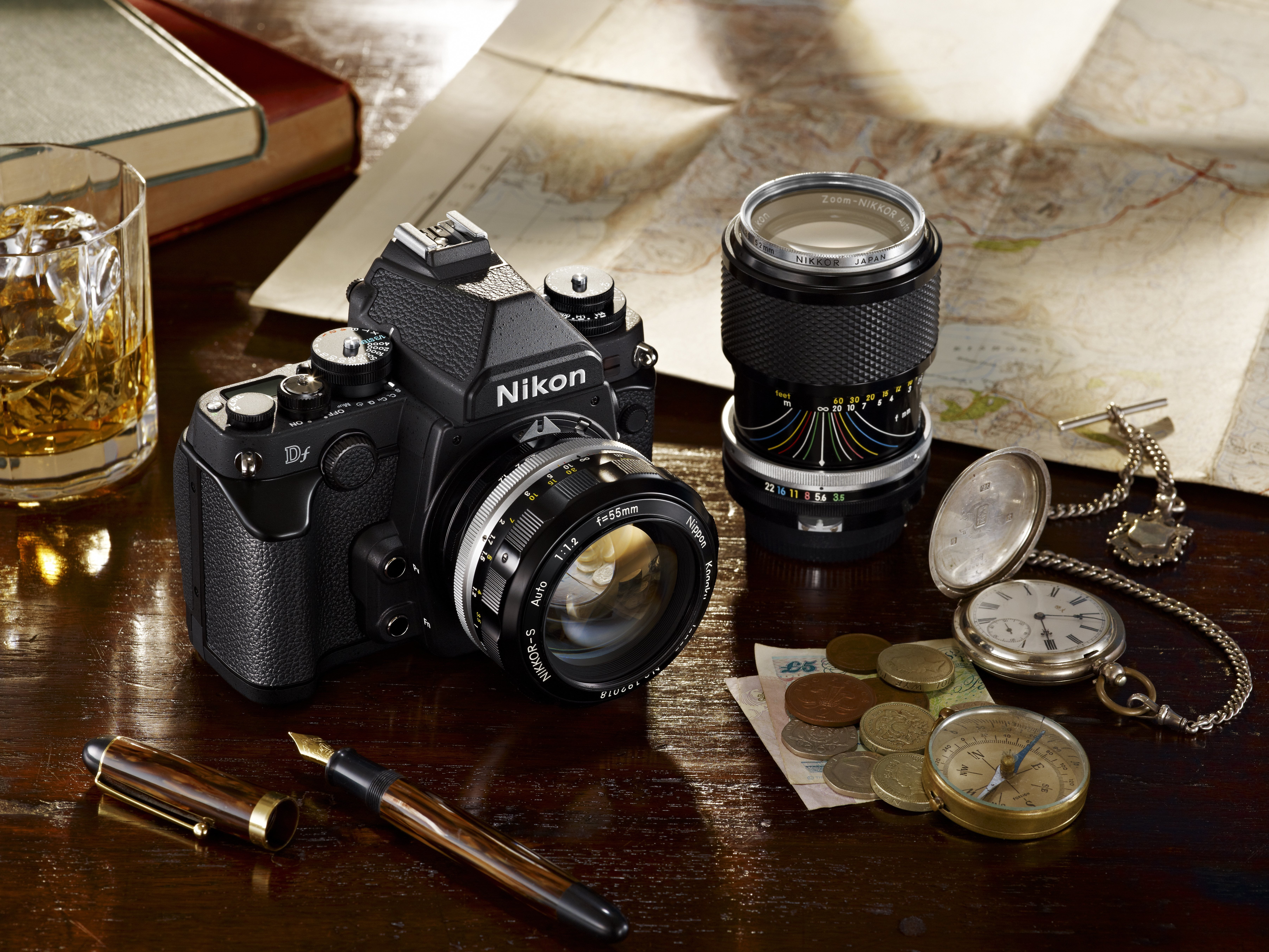 antique, slr camera, lens - optical instrument, close-up, indoors, still life, camera - photographic equipment, black, equipment, nikon df, table, lens, HD Wallpaper