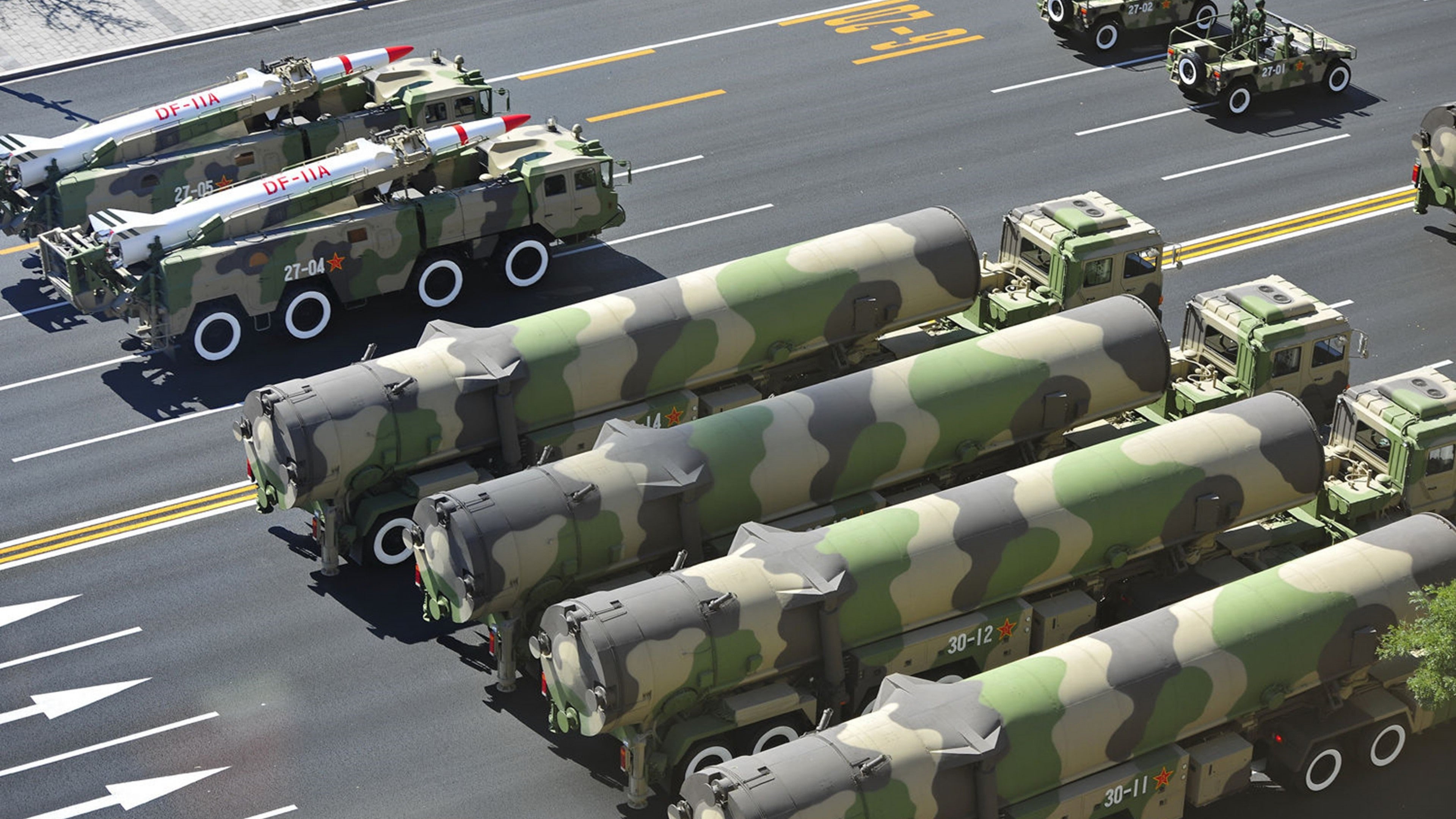 DF-21, beige, Peoples Liberation Army, truck, daytime, Dong-Feng, weapon, green, road, parade, black, 4K, China, missile, MRBM, camouflage, HD Wallpaper