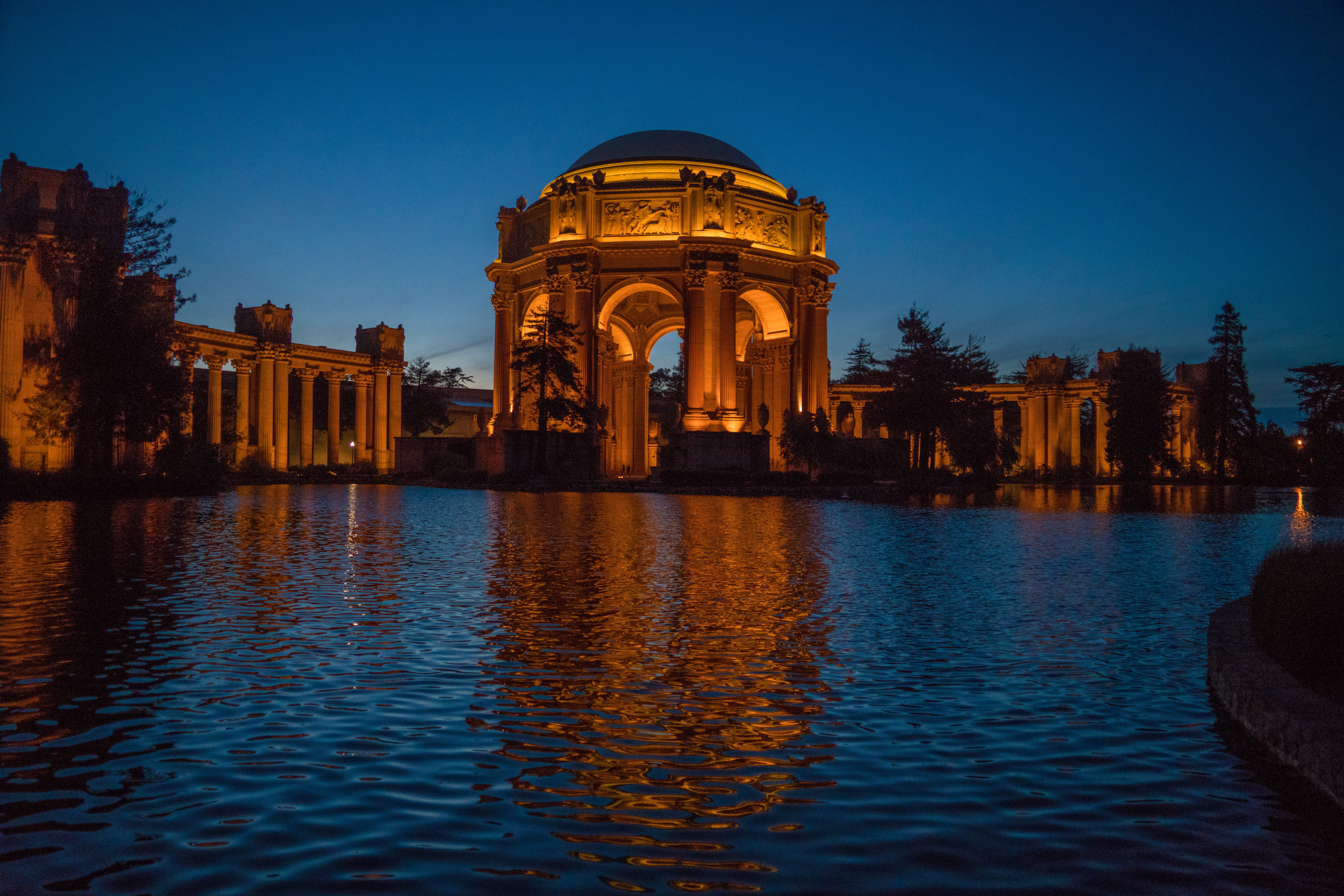 night, built structure, outdoors, 8K, reflection, water, monument, architecture, illuminated, no people, sky, arch, san francisco, history, travel destinations, HD Wallpaper