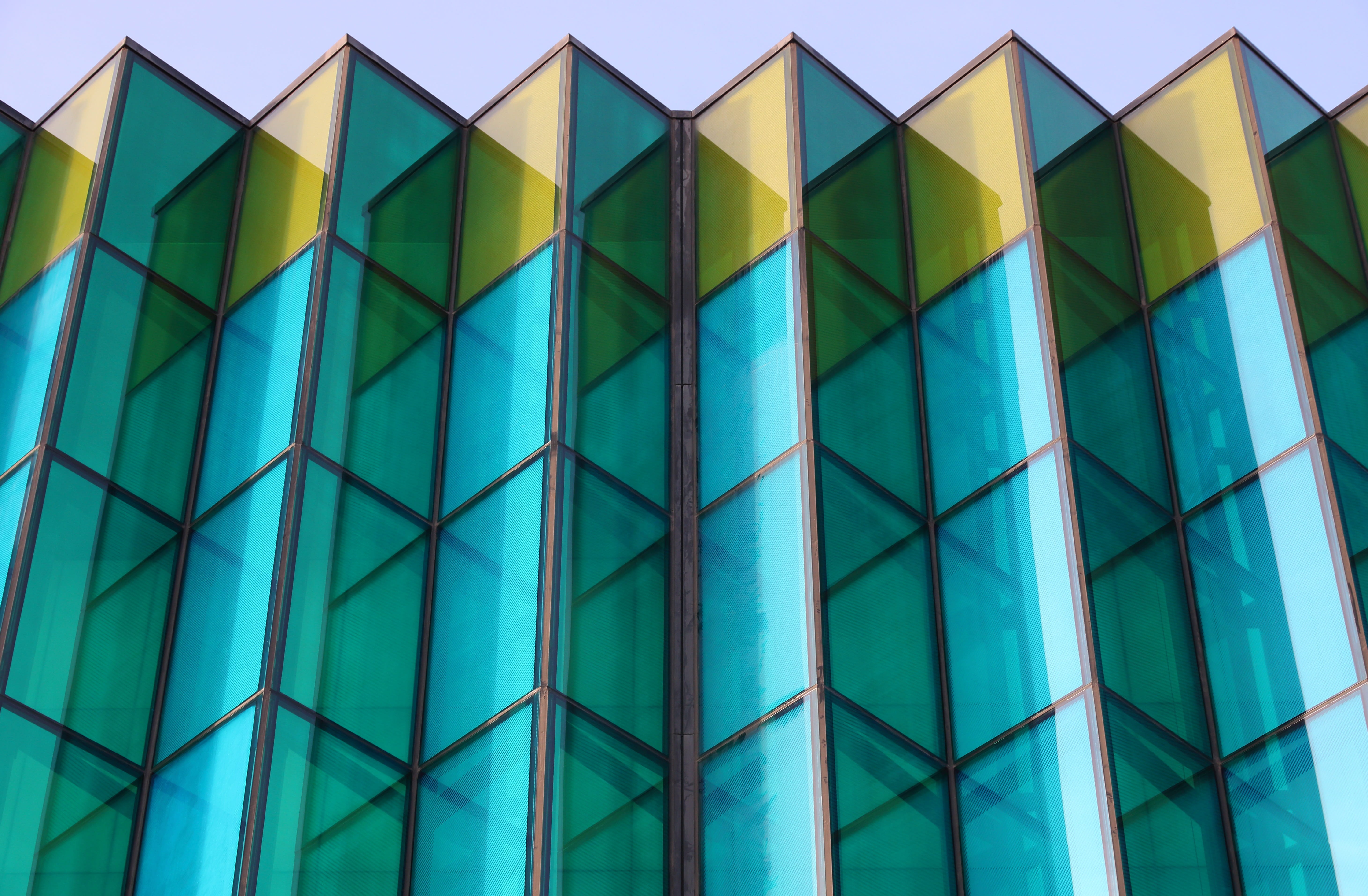 window, mall, geometric shape, building, turquoise colored, colorful, design, backgrounds, architecture, alameda, built structure, glass, shopping, facade, HD Wallpaper