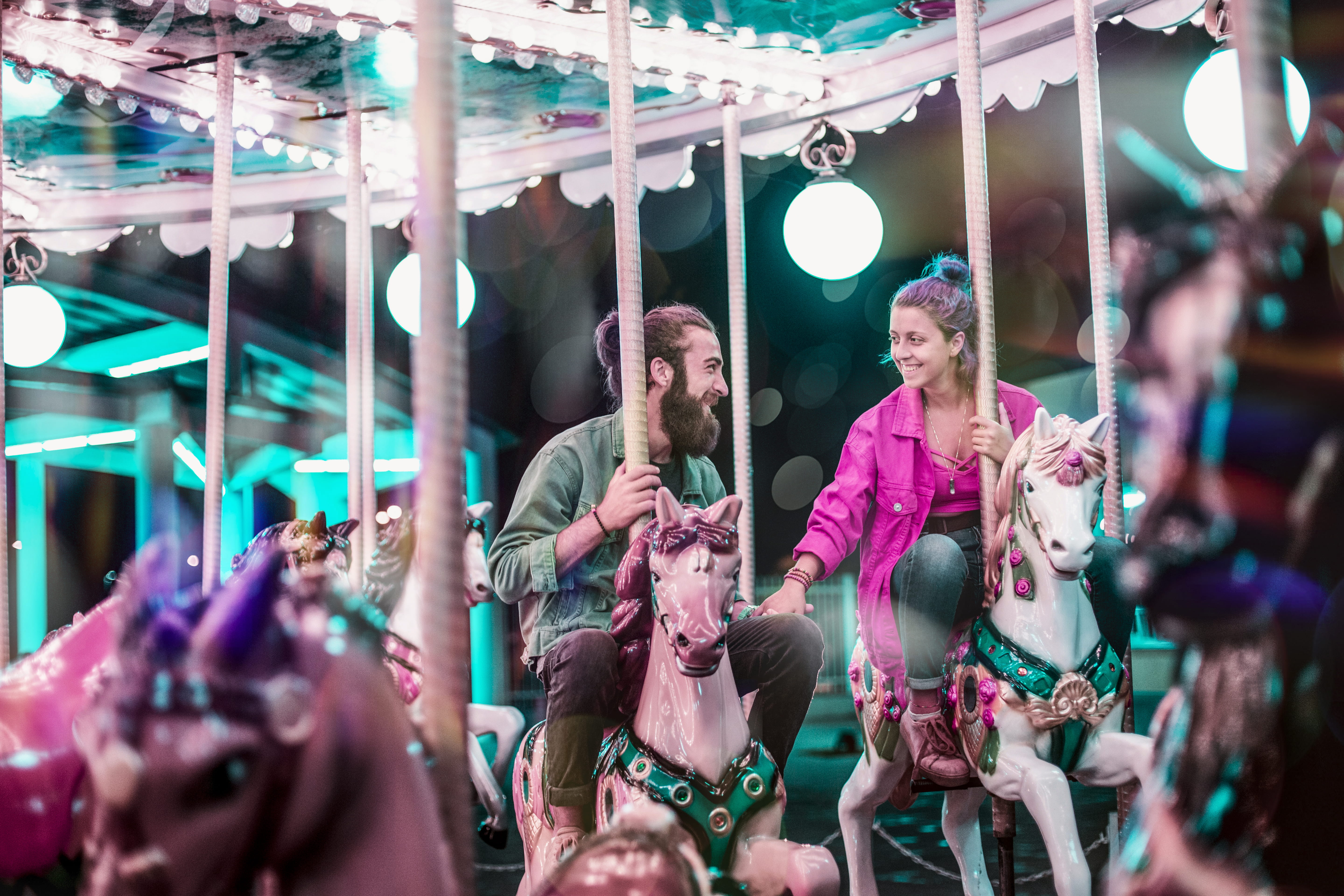 happiness, excitement, carrusel, riding, hand, woman, togetherness, night, fun, lights, male, young women, arts culture and entertainment, young adult, HD Wallpaper
