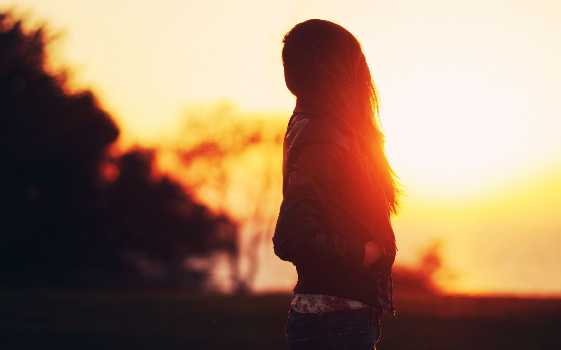 leisure activity, long hair, land, sunset, one person, adult, real people, blurred, sky, hairstyle, standing, nature, women, Golden Hour, silhouette, three quarter length, HD Wallpaper