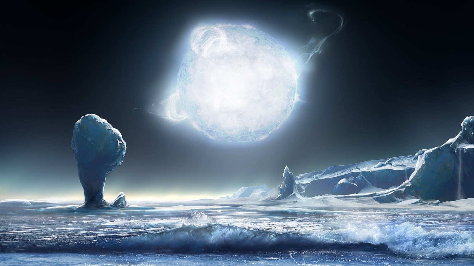 lagoon, sea, frozen, winter, digital art, moon, digital composite, 720P, power in nature, environment, nature, scenics - nature, stars, sky, body, outdoors, HD Wallpaper