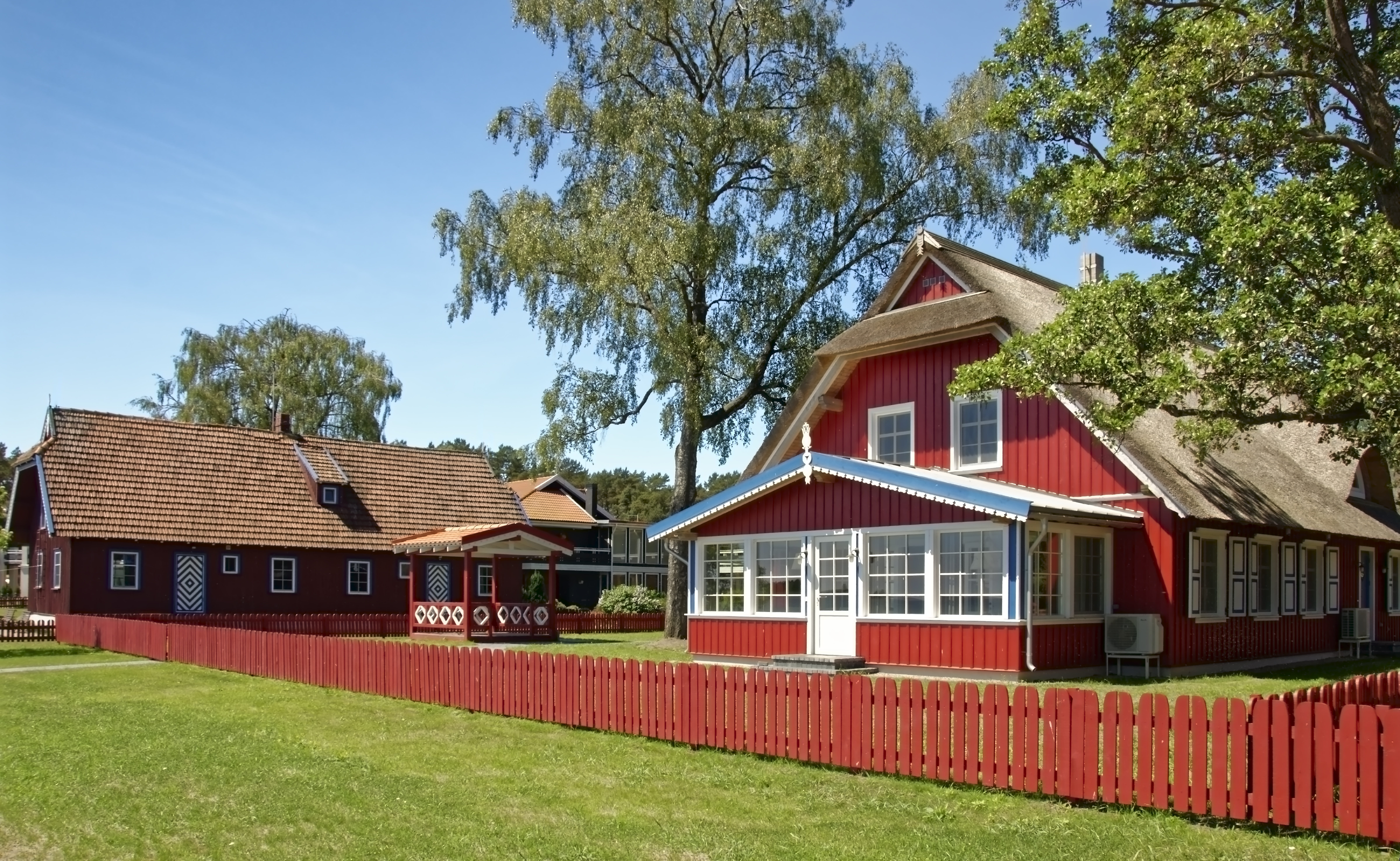historically, field, sky, plant, day, baltic states, sunlight, red, nature, nida, building, tree, roof, residential district, building exterior, no people, HD Wallpaper