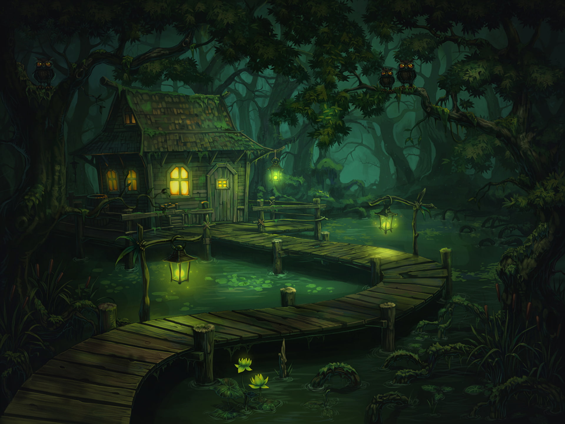 House, Night, Forest, Magical, 1080P, Fantasy, Tree, Green, HD Wallpaper
