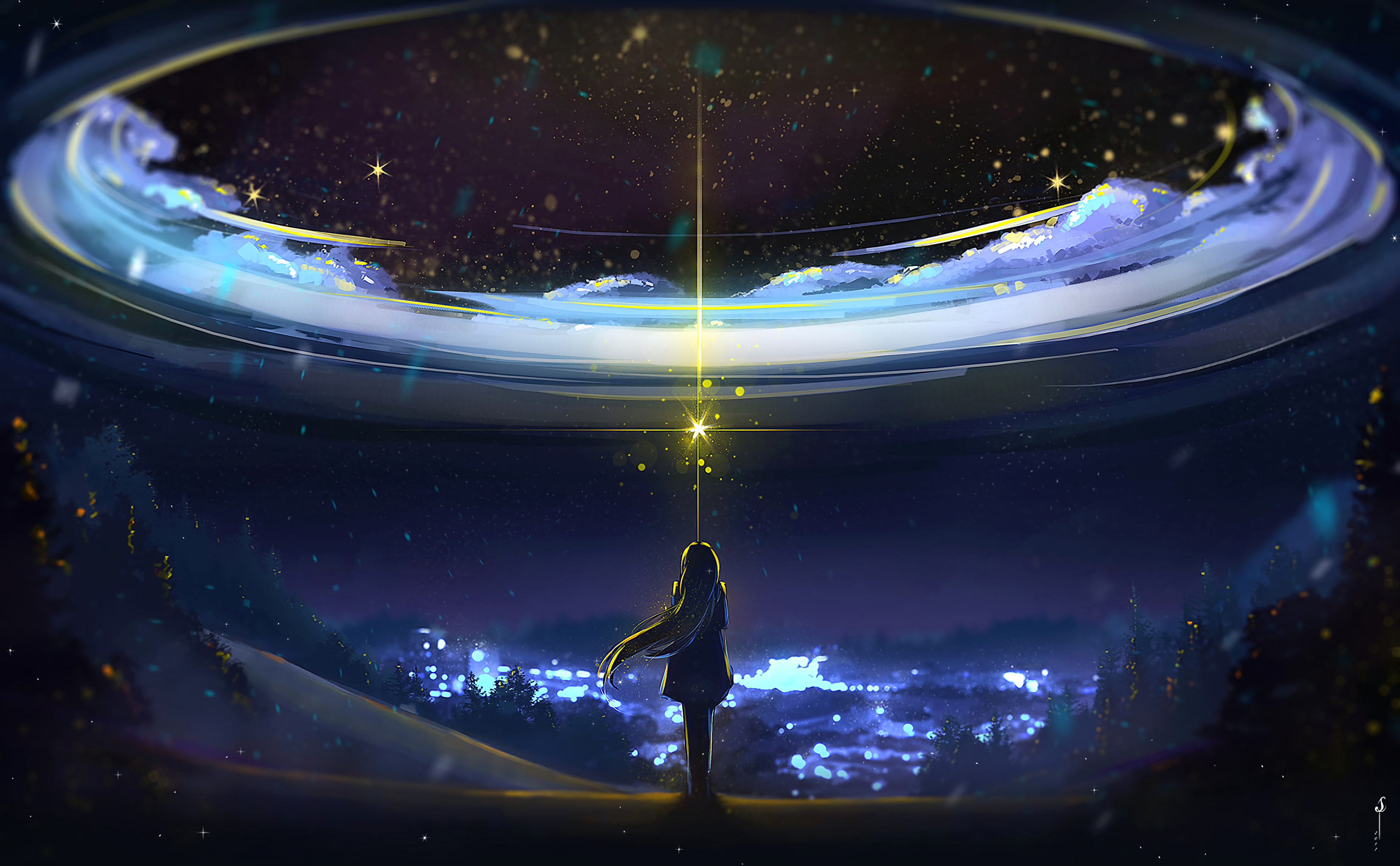 Anime, stars, bokeh, 2K, anime girl, back view, magic, night, HD Wallpaper
