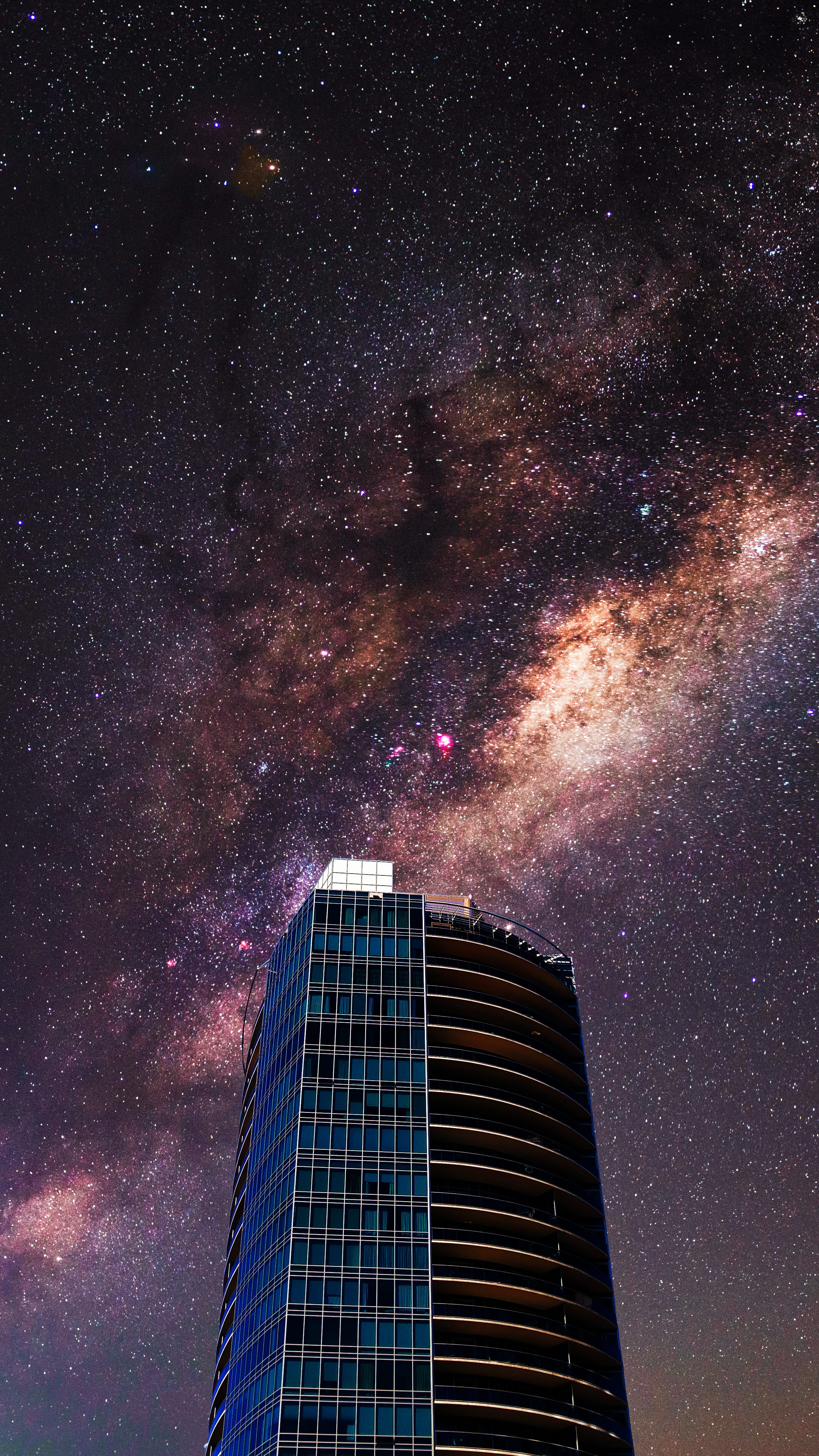 skyscraper, nightscape, night, nature, tall - high, galaxy, blue, 4K, built structure, tower, astronomy, office building exterior, black, beauty in nature, Phone HD Wallpaper