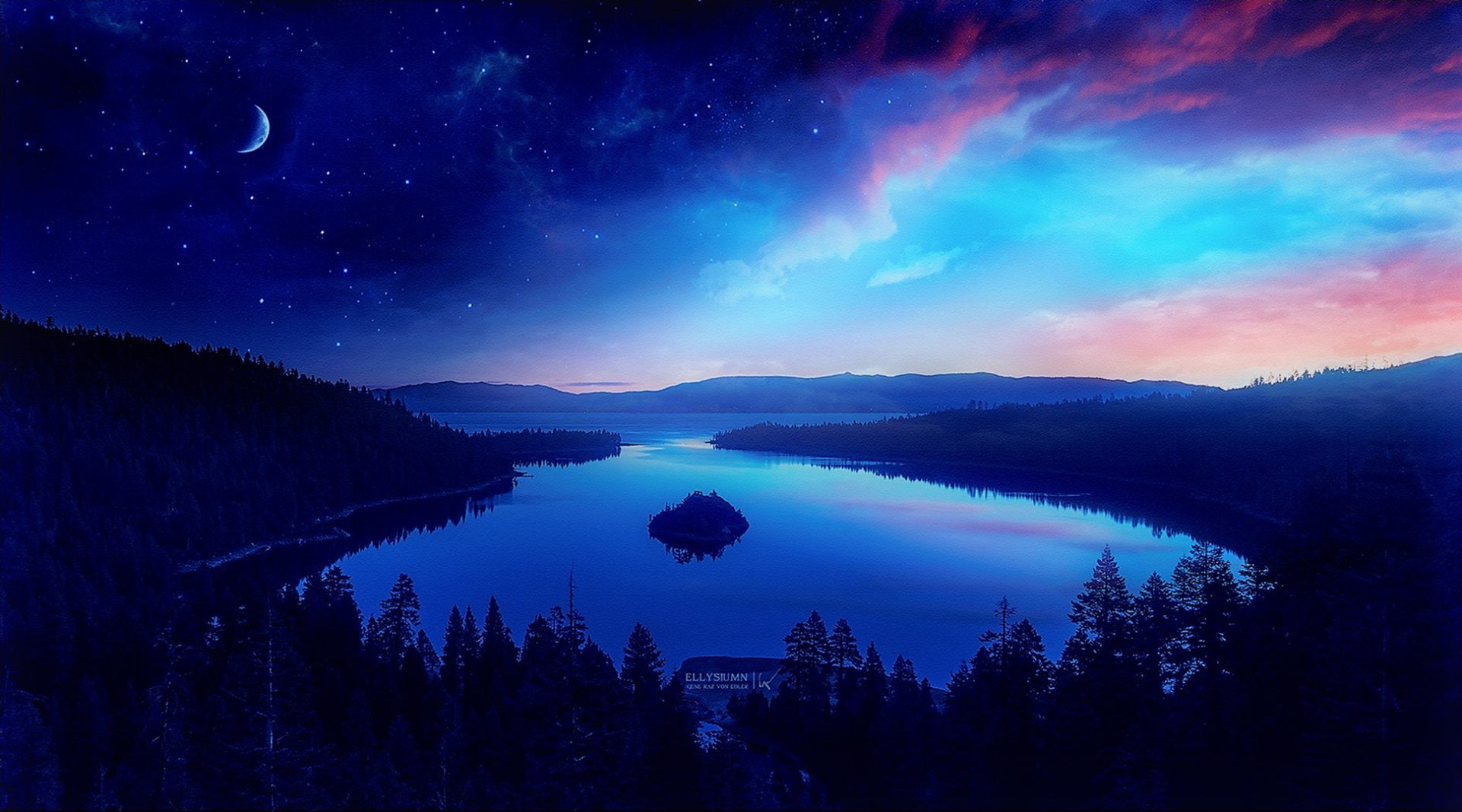 1080P, Artistic, Purple, Sky, Night, Winter, Blue, Lake, Tree, Starry Sky, HD Wallpaper