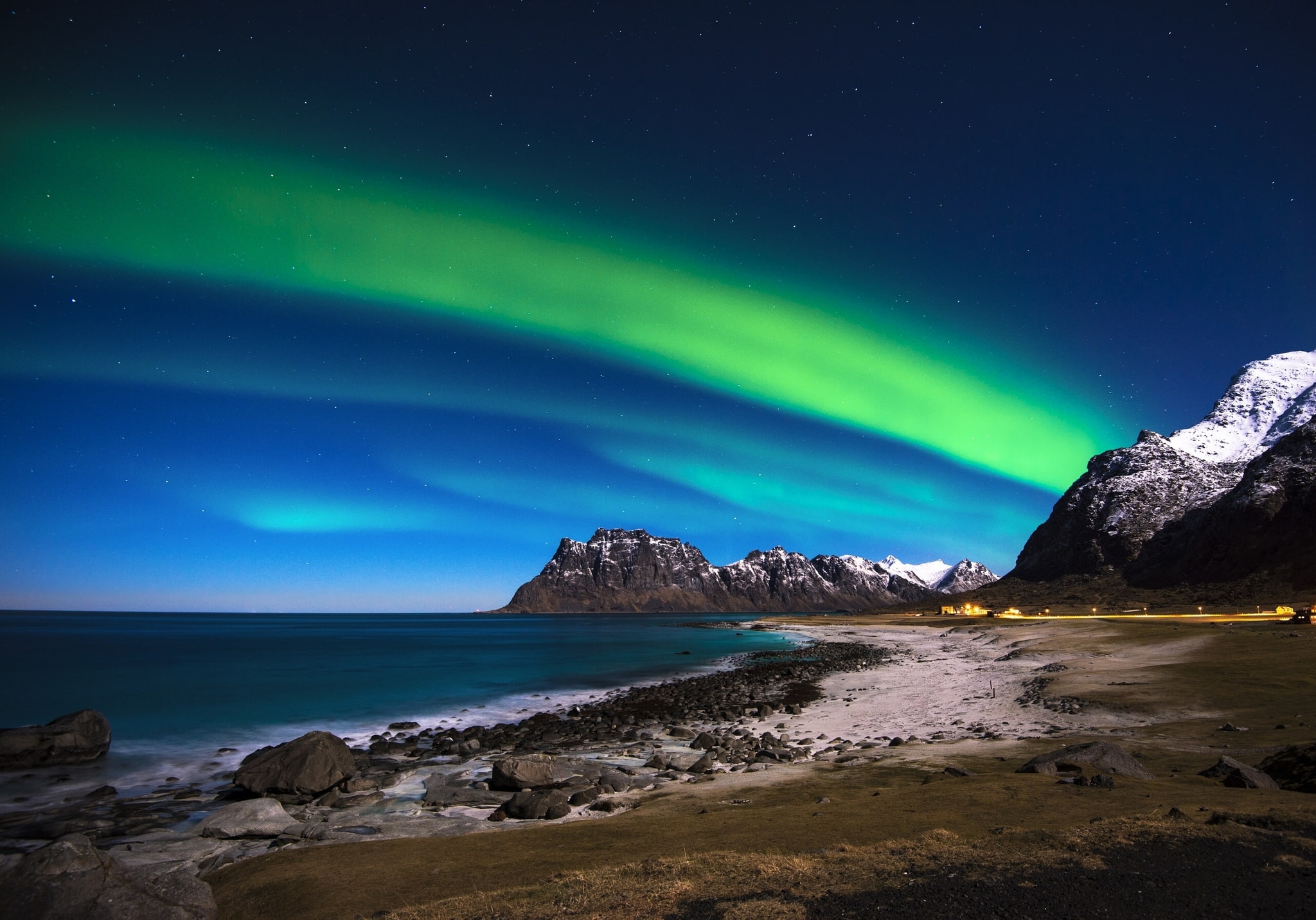 The Lofoten Islands, Northern lights, Norwegian Sea, mountains, 1080P, The Norwegian sea, sea, stones, coast, Lofoten Islands, the sky, Norway, HD Wallpaper