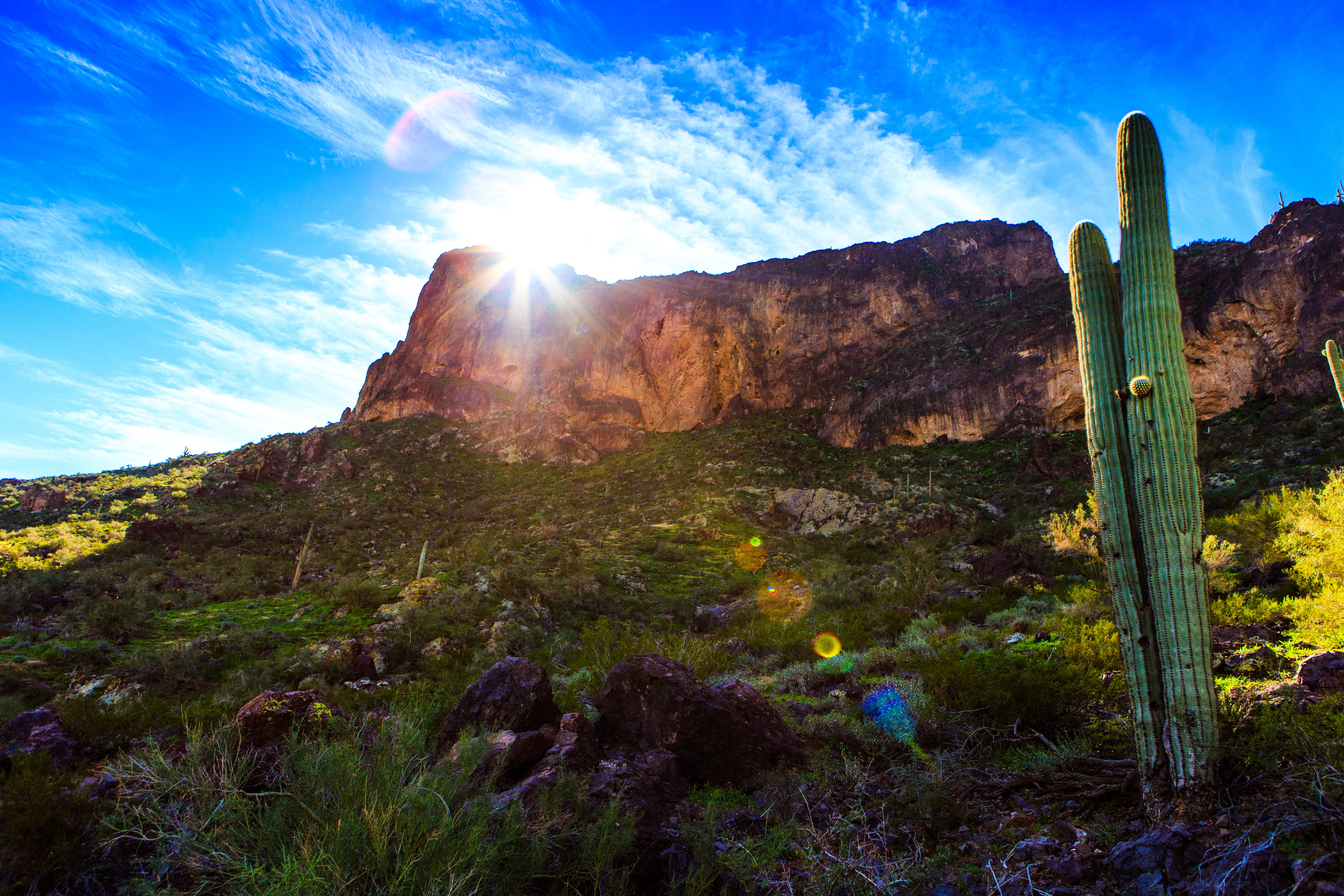 5K, beauty in nature, clouds, nature, cactus, no people, tranquility, sunlight, formation, lens flare, plant, solid, light, cloud - sky, environment, grass, HD Wallpaper