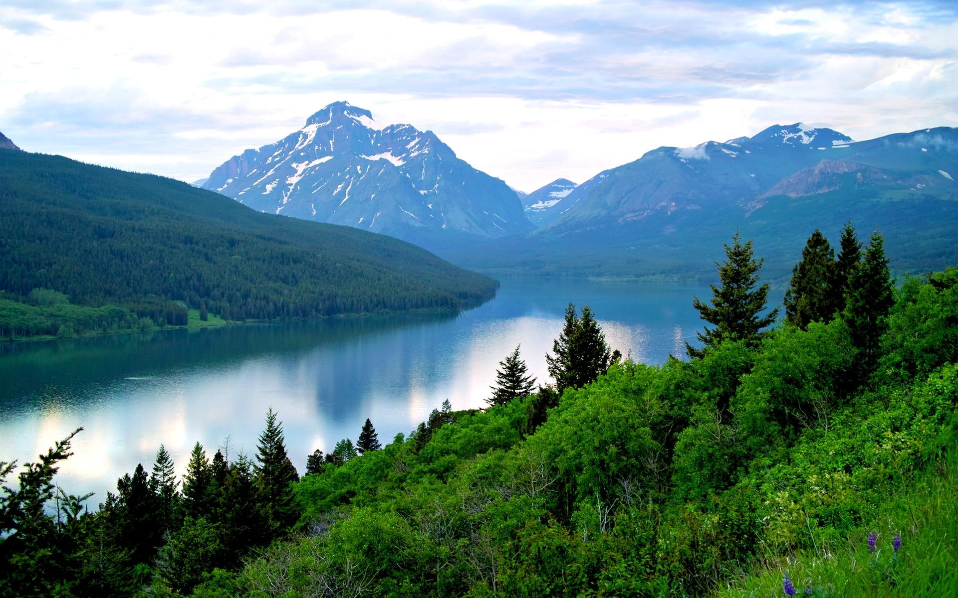 lake, glacier national park, peace, two medicine lake, mountains, 1080P, nature, nature and landscapes, HD Wallpaper