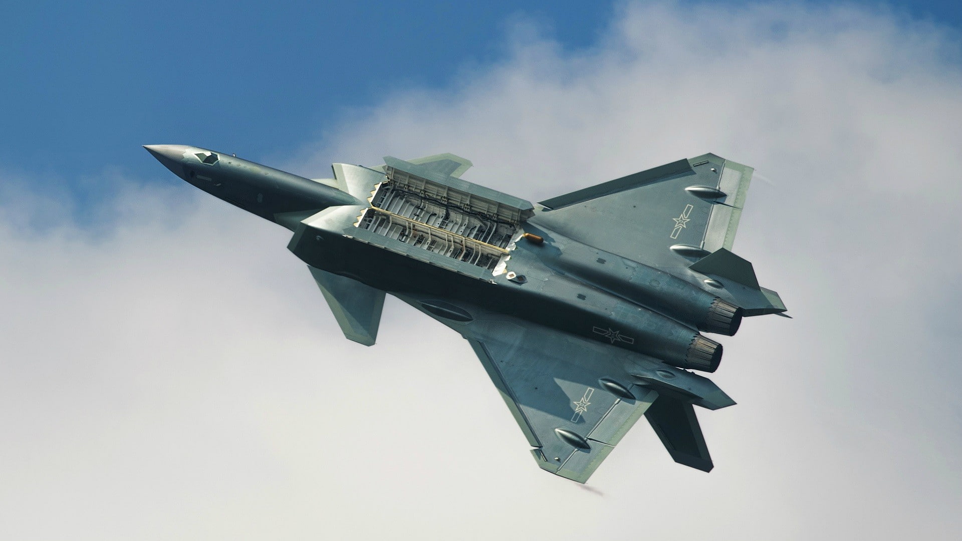 air vehicle, motion, plane, aircraft, military airplane, flying, sky, day, PLAAF, j20, low angle view, transportation, nature, outdoors, 1080P, fighter plane, HD Wallpaper