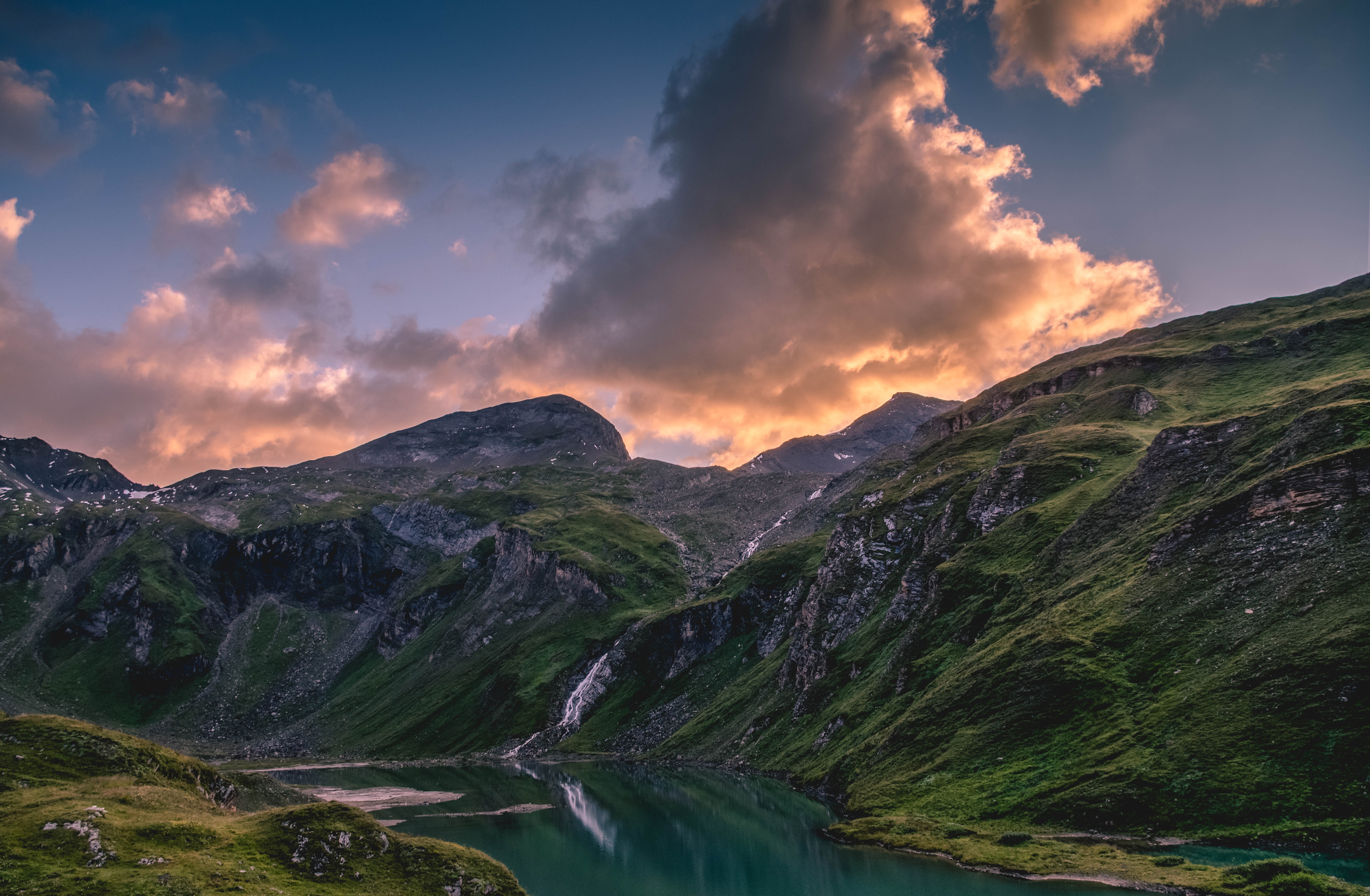 plant, cloud - sky, water, landscape, hochalpenstrasse, photography, photo, cloud, highland, sunset, covered, aerial, mountain, river, mountain peak, tranquil scene, HD Wallpaper