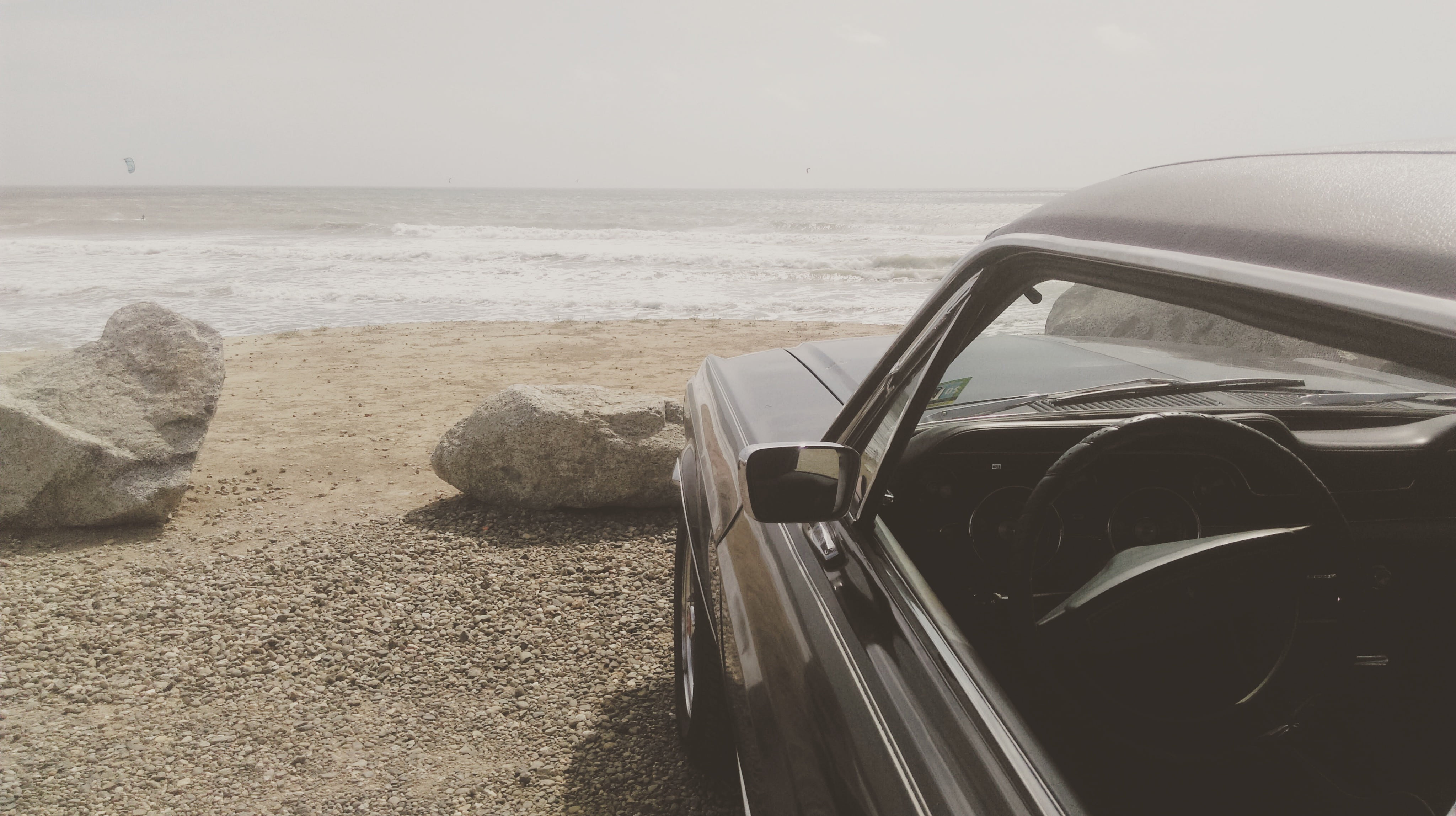 outdoors, car, sky, seaside, tranquility, motor vehicle, transportation, sand, beach, horizon over water, beauty in nature, ocean, mustang, land, scenics - nature, HD Wallpaper