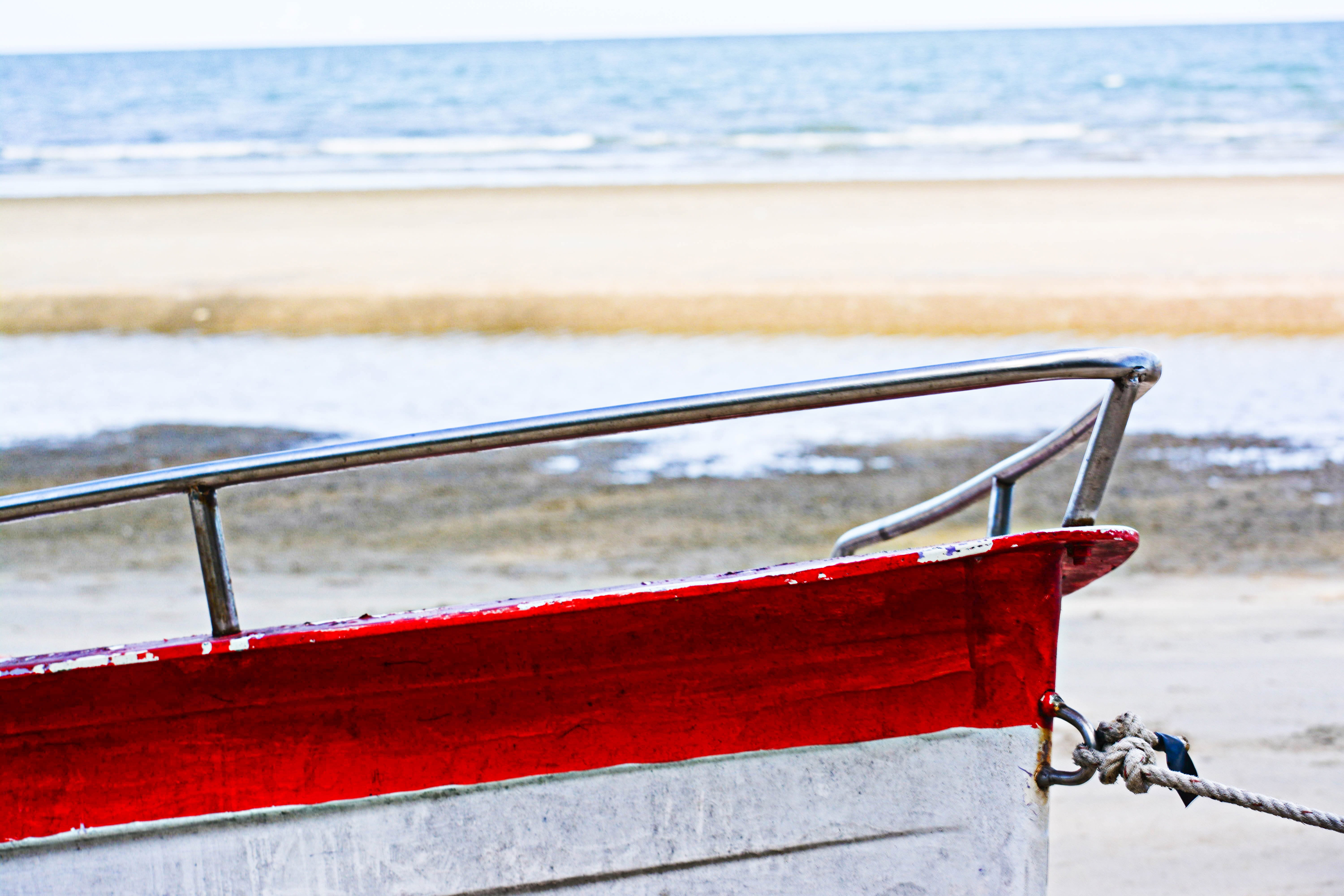 land, 5K, boat parking, the gulf of thailand, railing, nautical vessel, no people, nature, thailand beach, ship, sea, in the morning, red, hua hin, horizon, HD Wallpaper