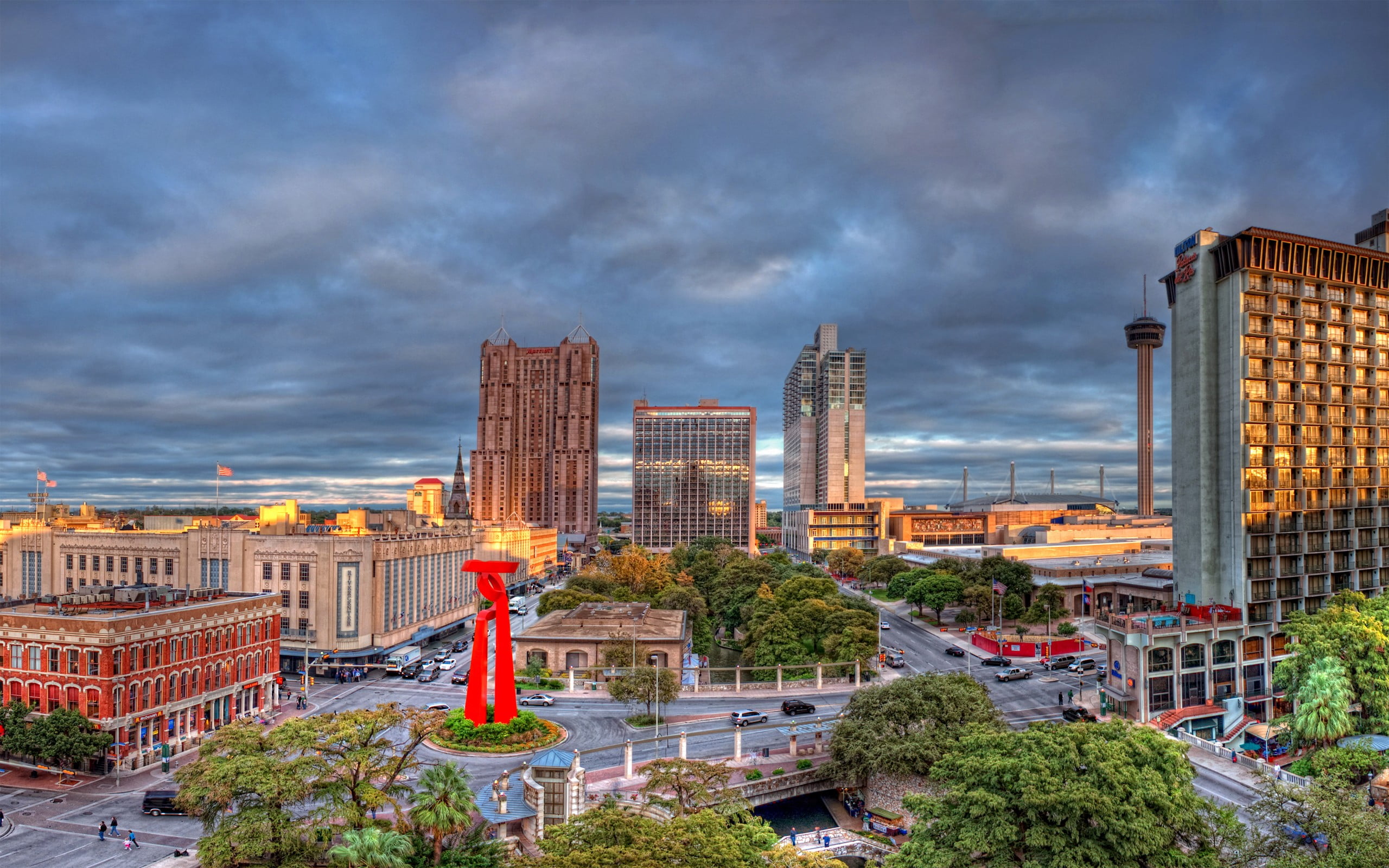 built structure, cityscape, landscape, no people, San Antonio, plant, skyscraper, government, nature, cloud - sky, architecture, residential district, sunset, HD Wallpaper