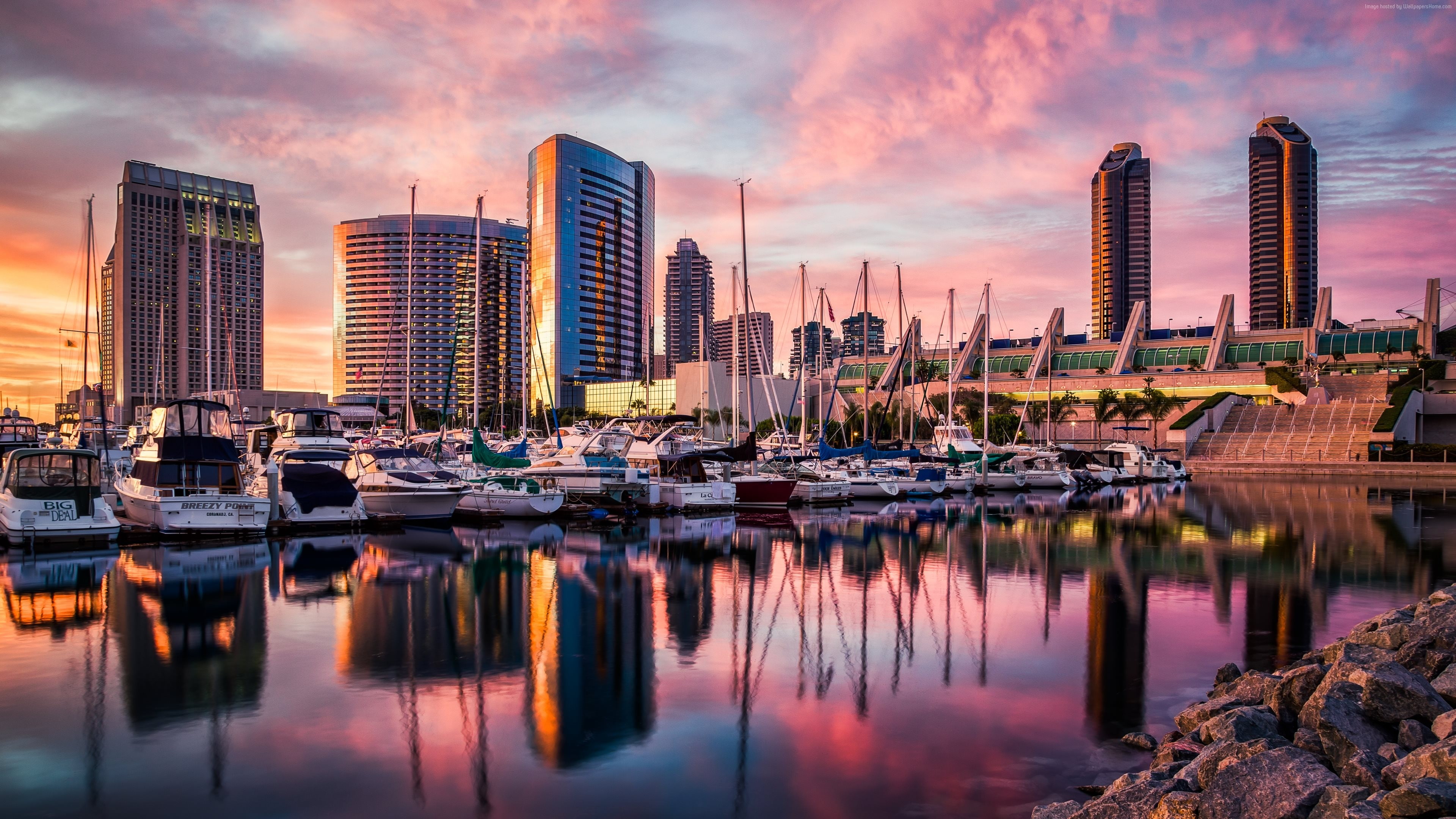 city, harbor, San Diego, travel, reflections, Sunset, 4K, sunrise, water, HD Wallpaper