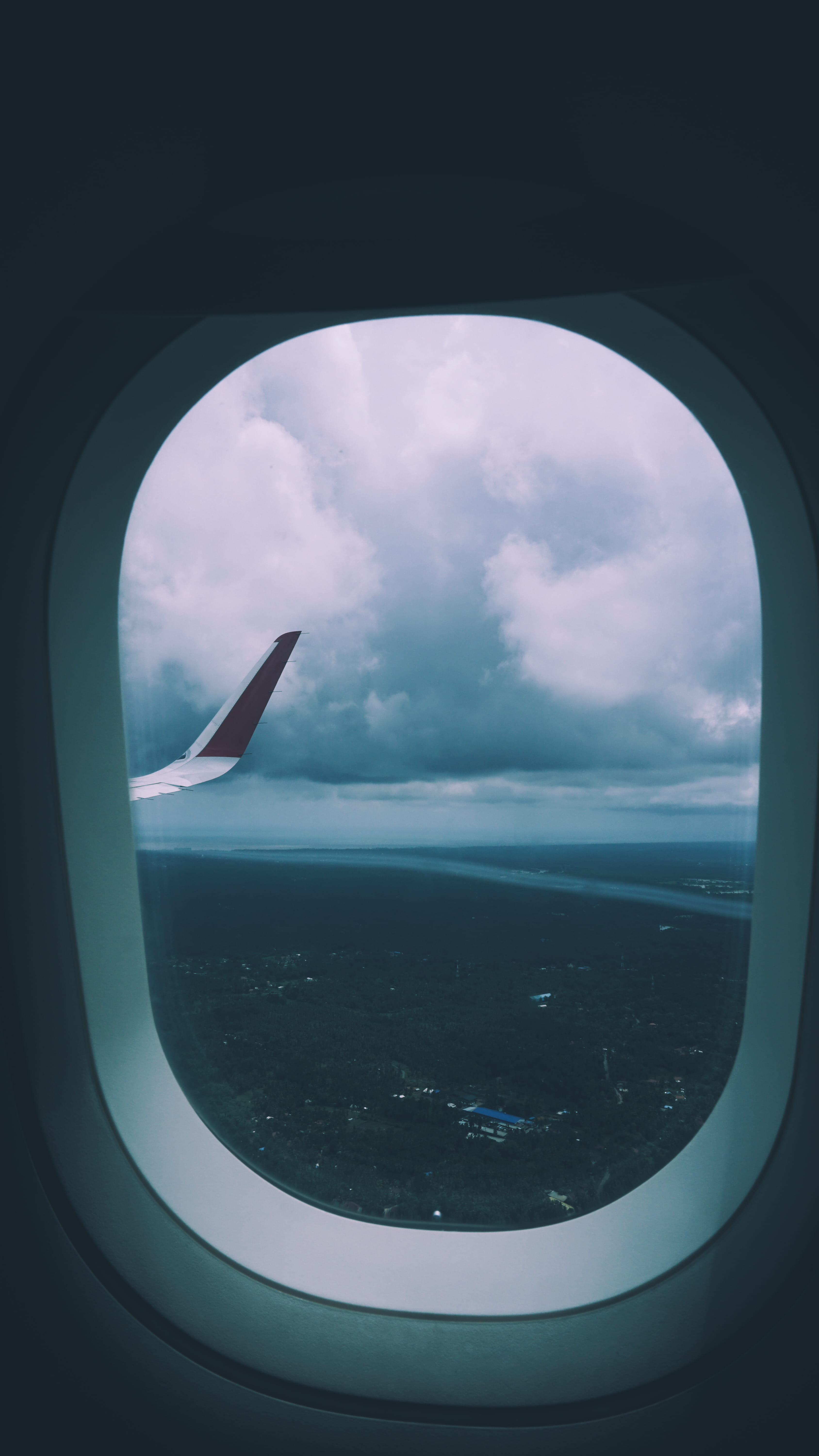 window plane, overcast day, wing, mirror, aircraft, close, glass - material, mid-air, outdoors, vehicle interior, beauty in nature, travel, mood, transportation, Phone HD Wallpaper