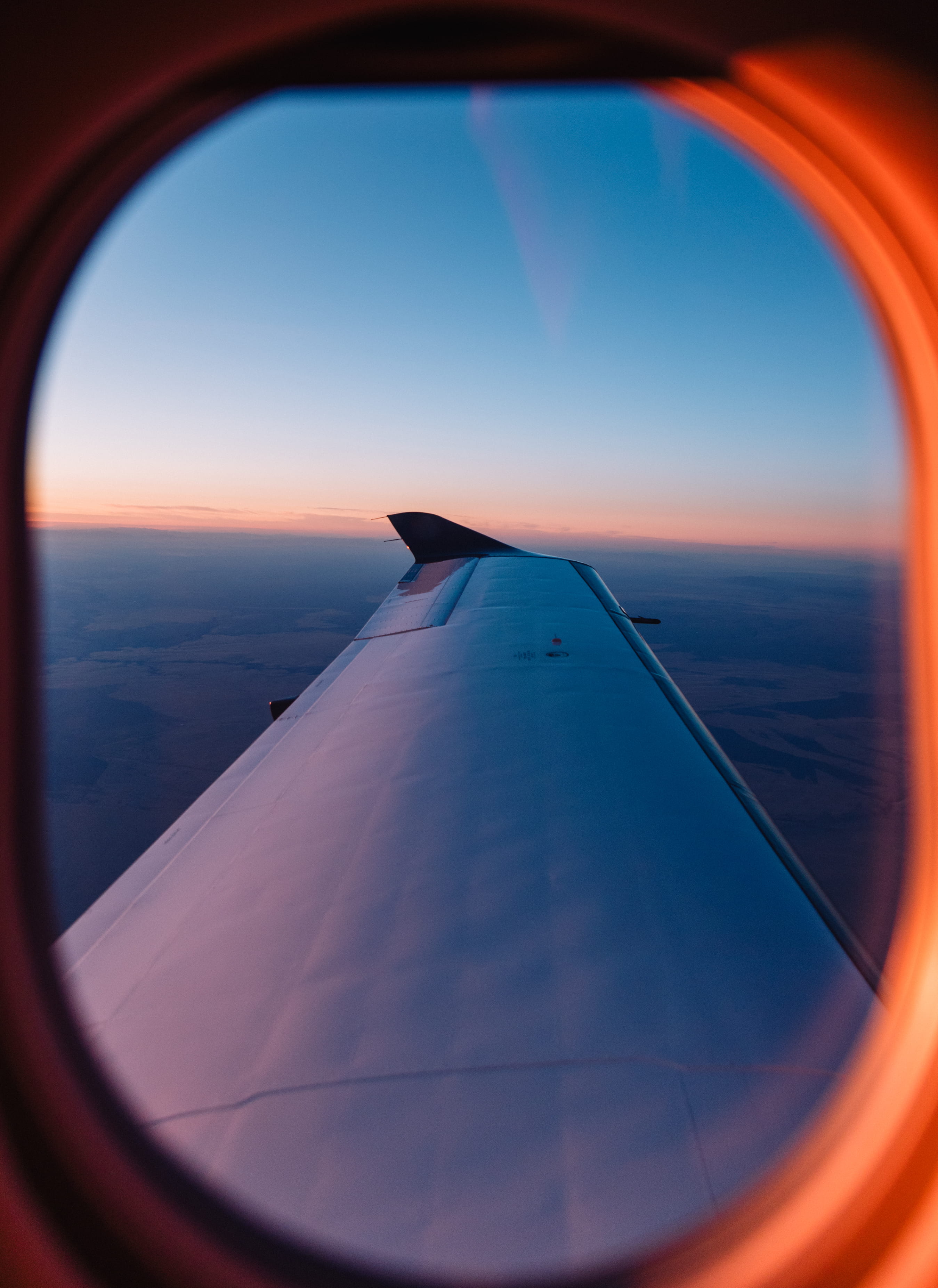 sunrise, left, transportation, no people, mode of transportation, frame, plane, blue, flying, cloud, scenics - nature, sunset, view, mid-air, aerial view, Phone HD Wallpaper