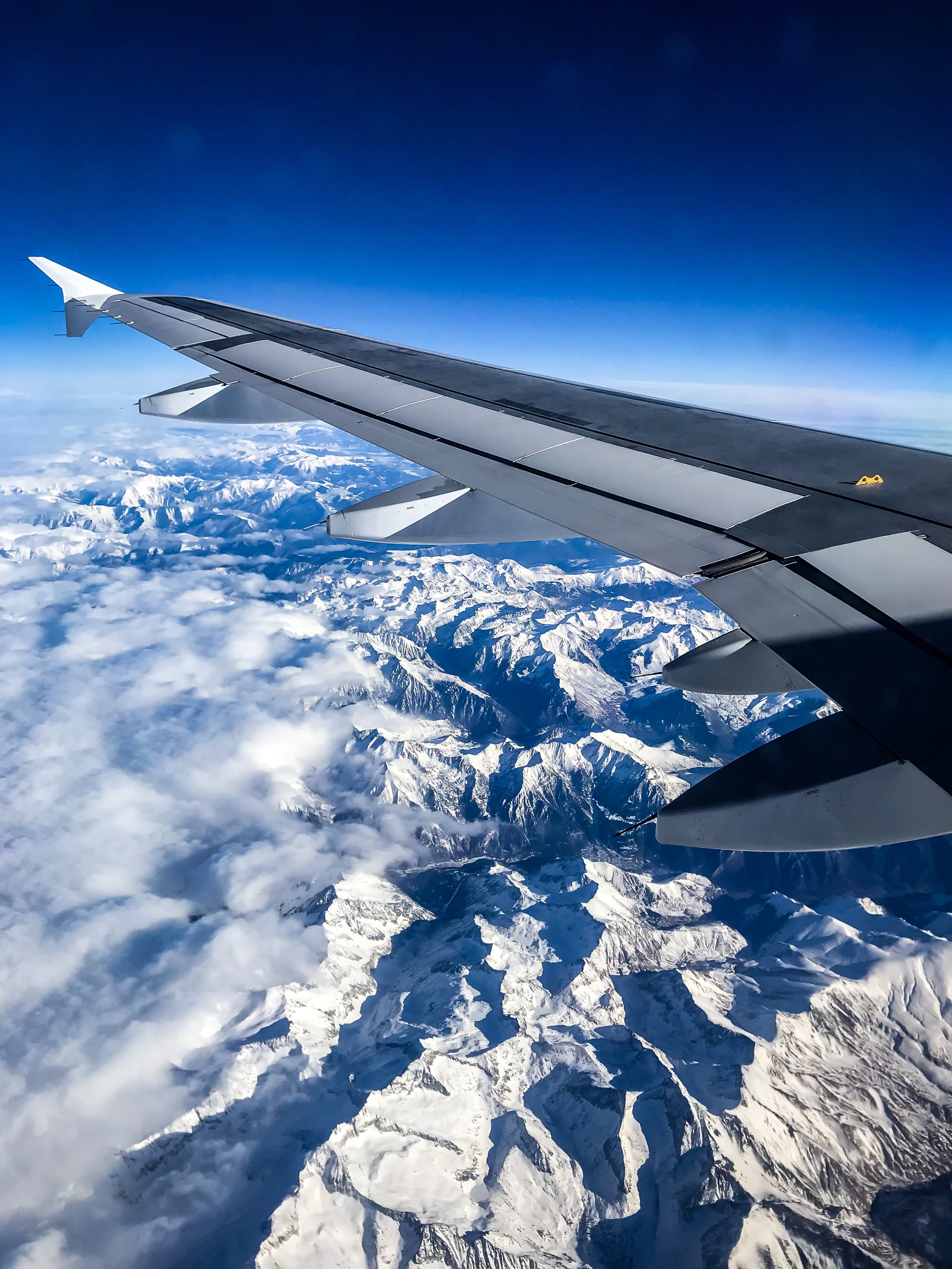 photography, view, alps, right, snowcapped mountain, airplane, outdoors, wing, air vehicle, mode of transportation, cloud - sky, transportation, travel, Phone HD Wallpaper