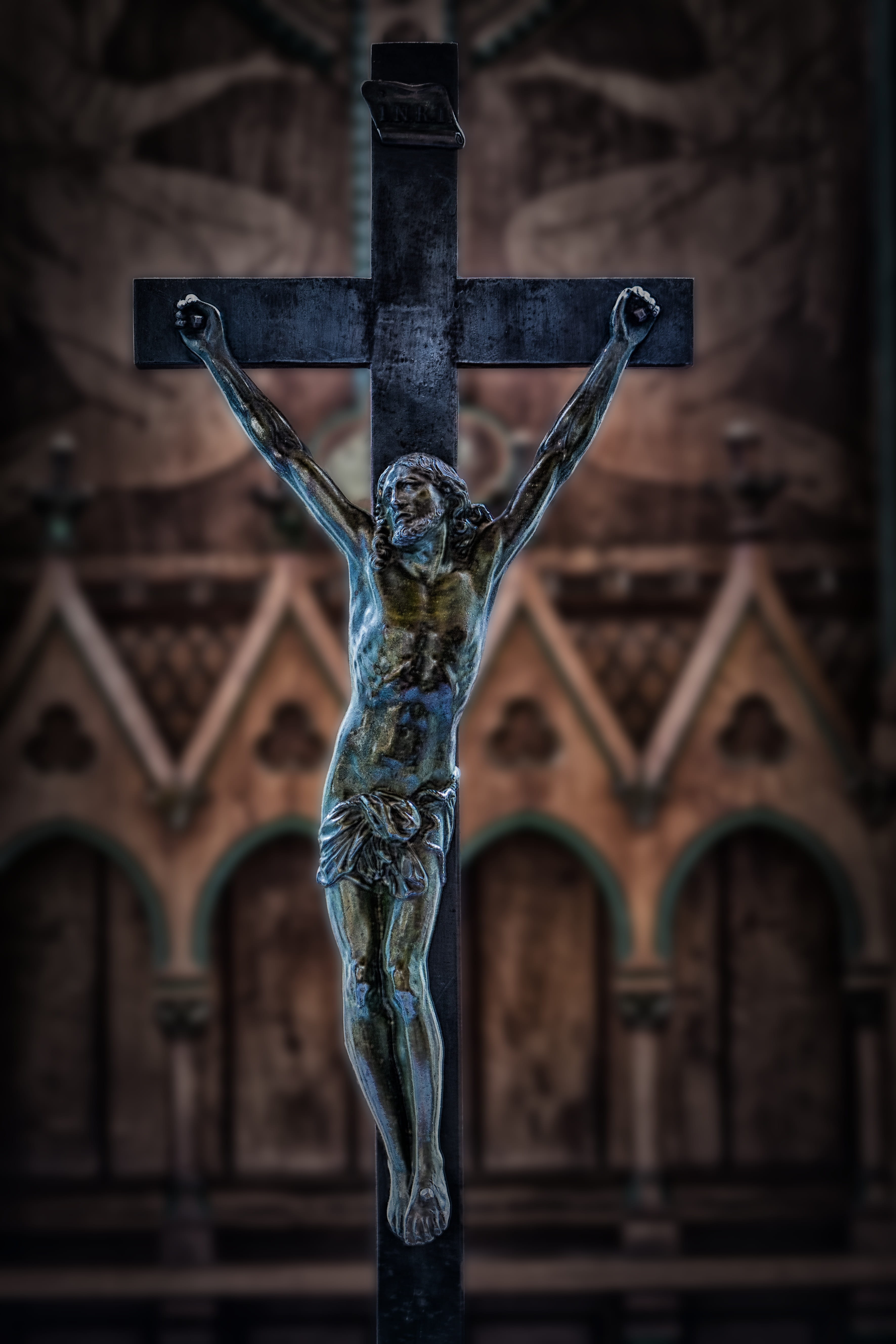 cross, building exterior, faith, church, art and craft, built structure, day, no people, ornate, metal, sculpture, focus on foreground, spirituality, jesus, Phone HD Wallpaper