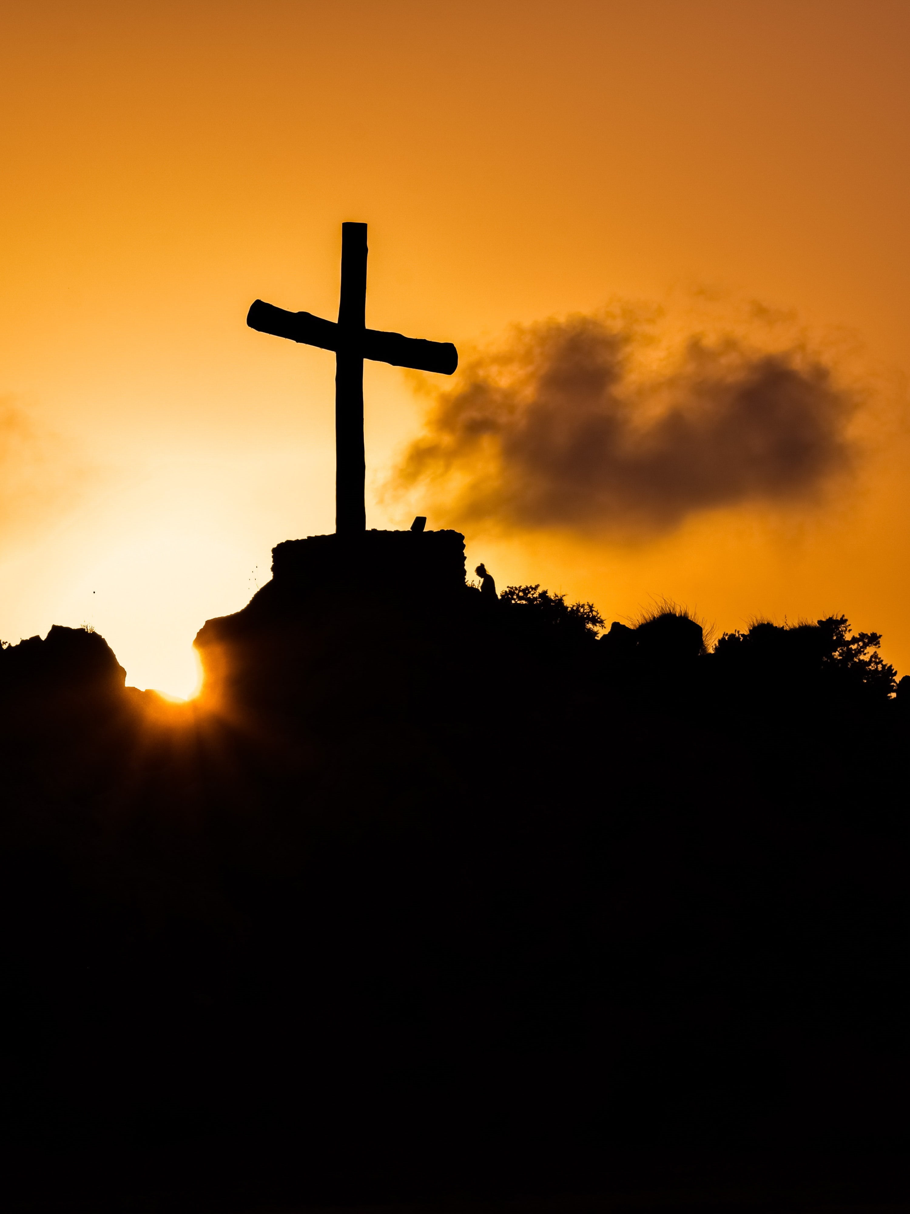 christianity, sky, orange color, outdoors, stone, sunlight, cross, forgiveness, spirituality, symbol, nature, grave, no people, religion, shadows, religious equipment, Phone HD Wallpaper
