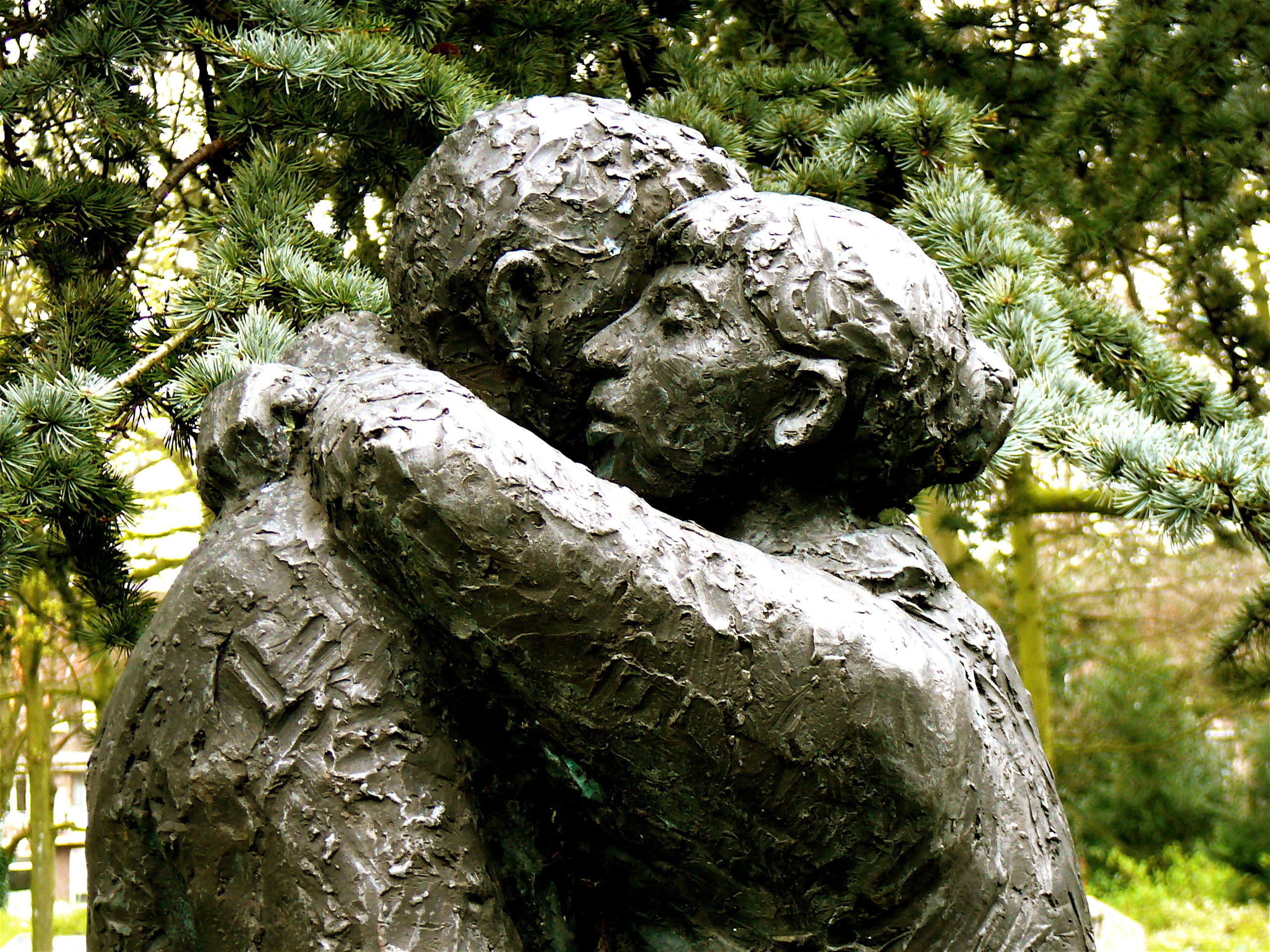 man and woman, forgive each other, day, stone material, old, angel, tree, forgiveness, hugging, close-up, representation, carving, creativity, park, gargoyle, HD Wallpaper