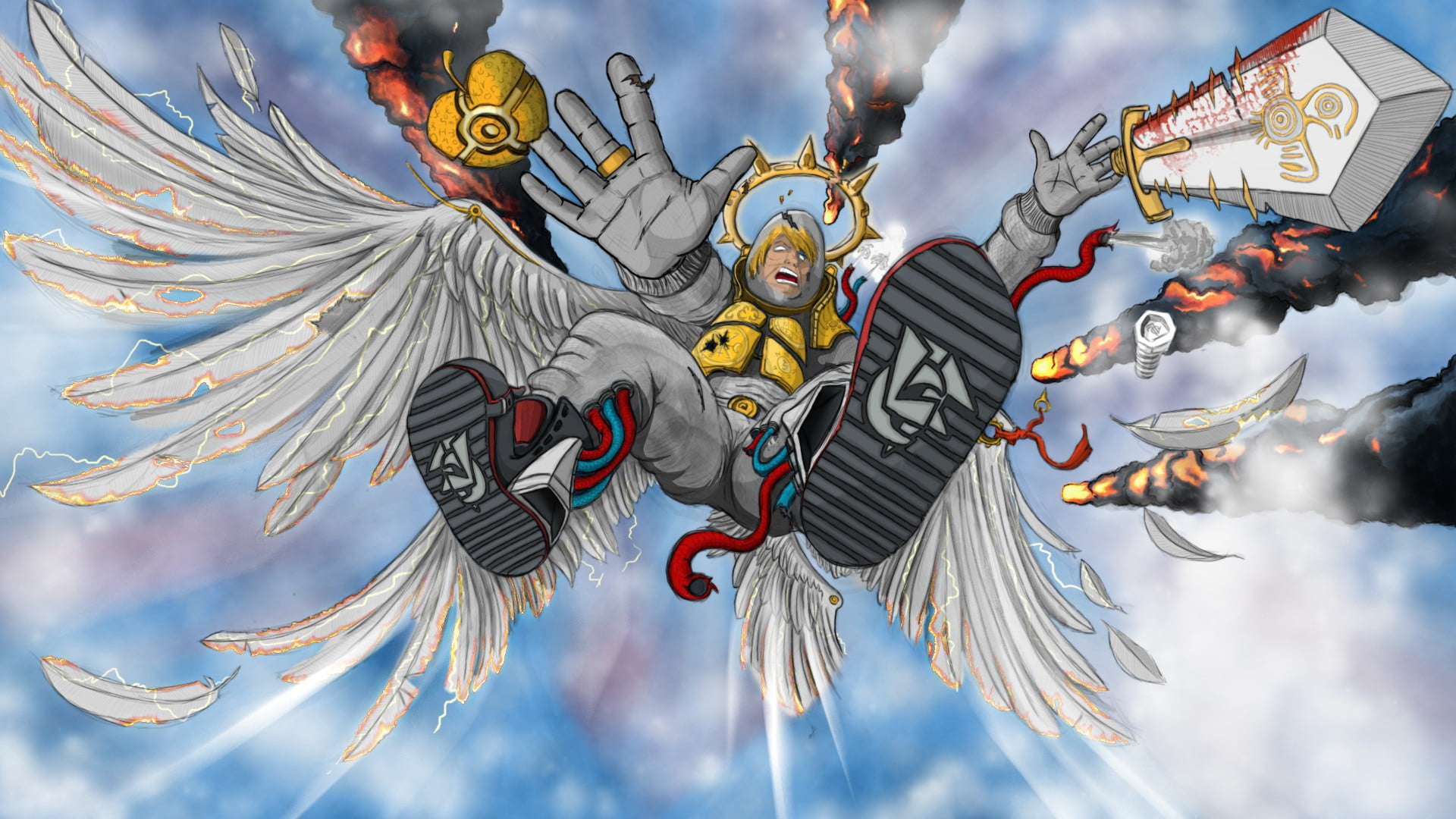 event, outdoors, day, cloud - sky, representation, festival, sword, illustration, fantasy, animal representation, wings, sky, low angle view, art, explosion, HD Wallpaper